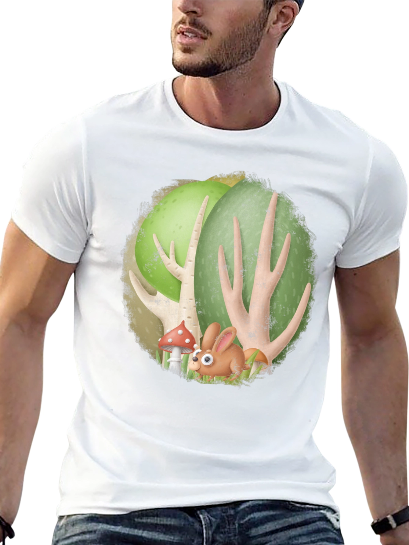 Cartoon Forest Bunny Black T-Shirt