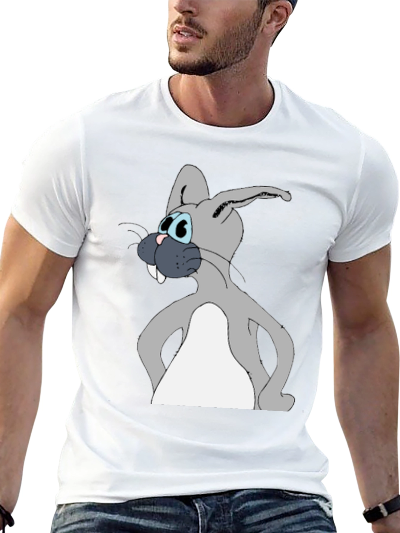 Cartoon Rabbit Graphic Tee - Black Cotton Blend