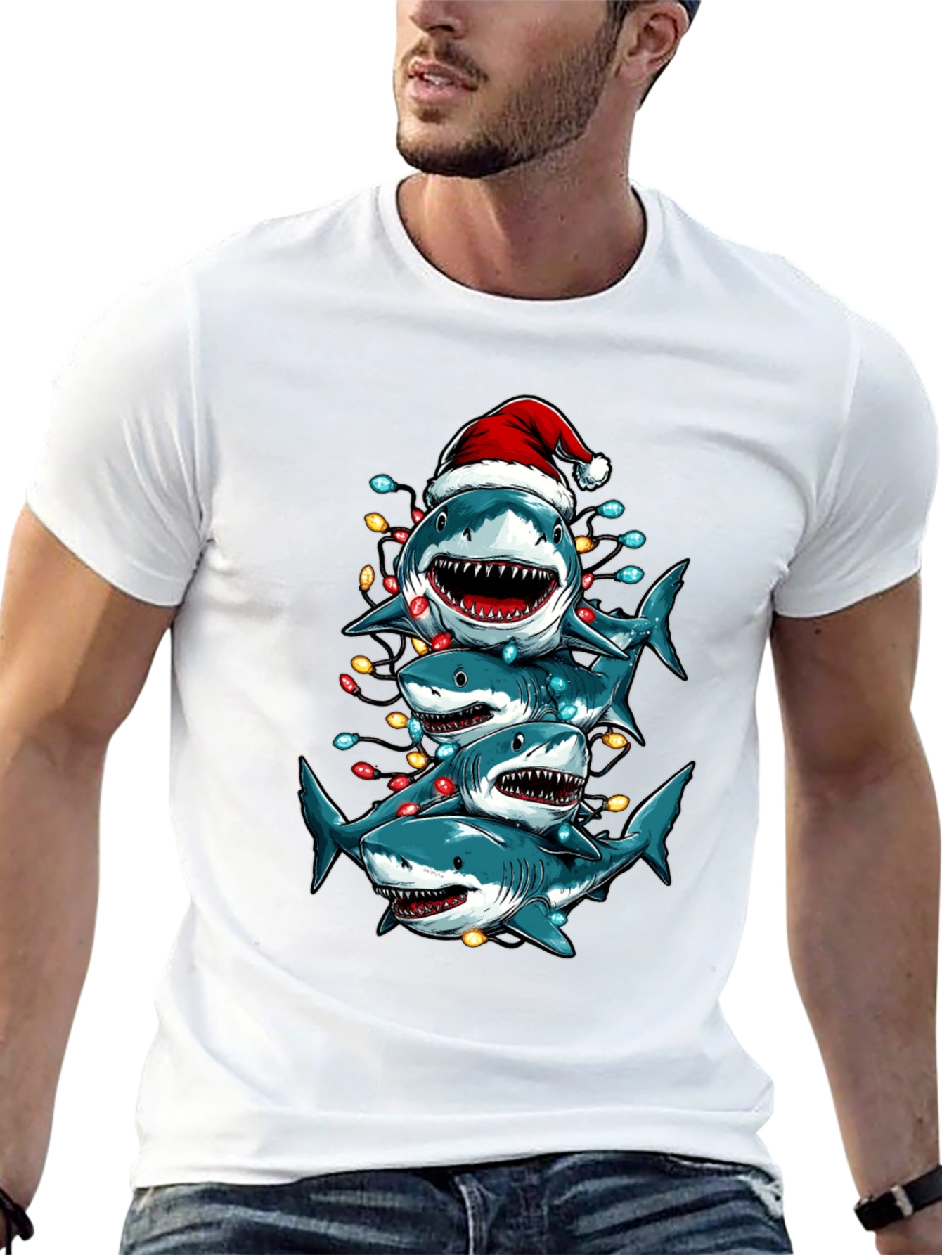 Christmas Shark Stack T-Shirt Holiday Tee