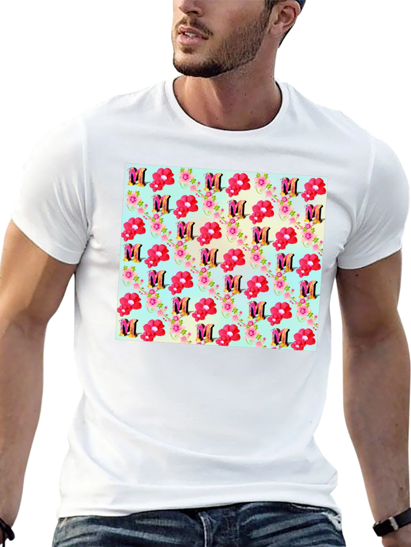 Floral M Patterned Black T-Shirt