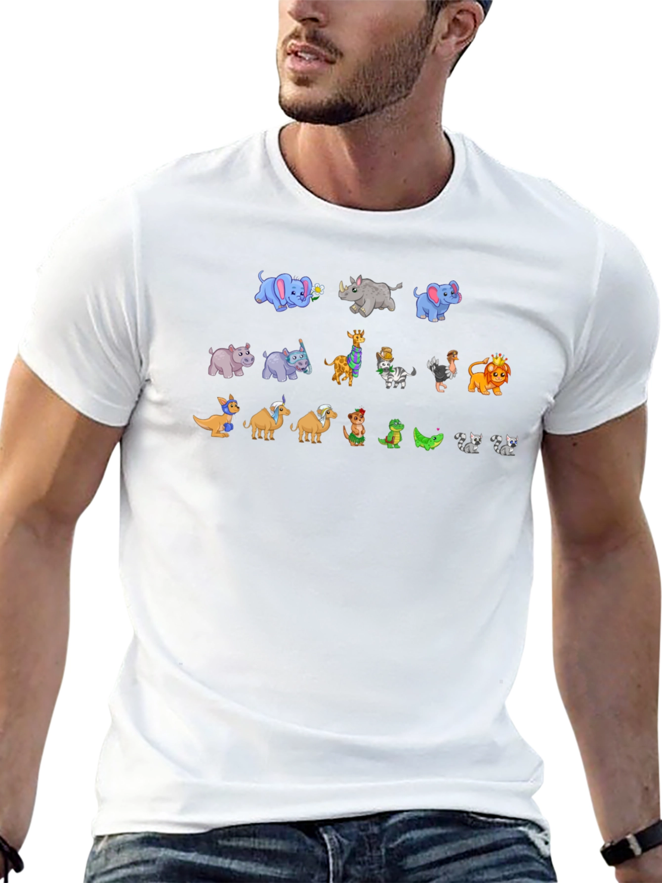 Zoo Animal Cartoon Print Black T-Shirt
