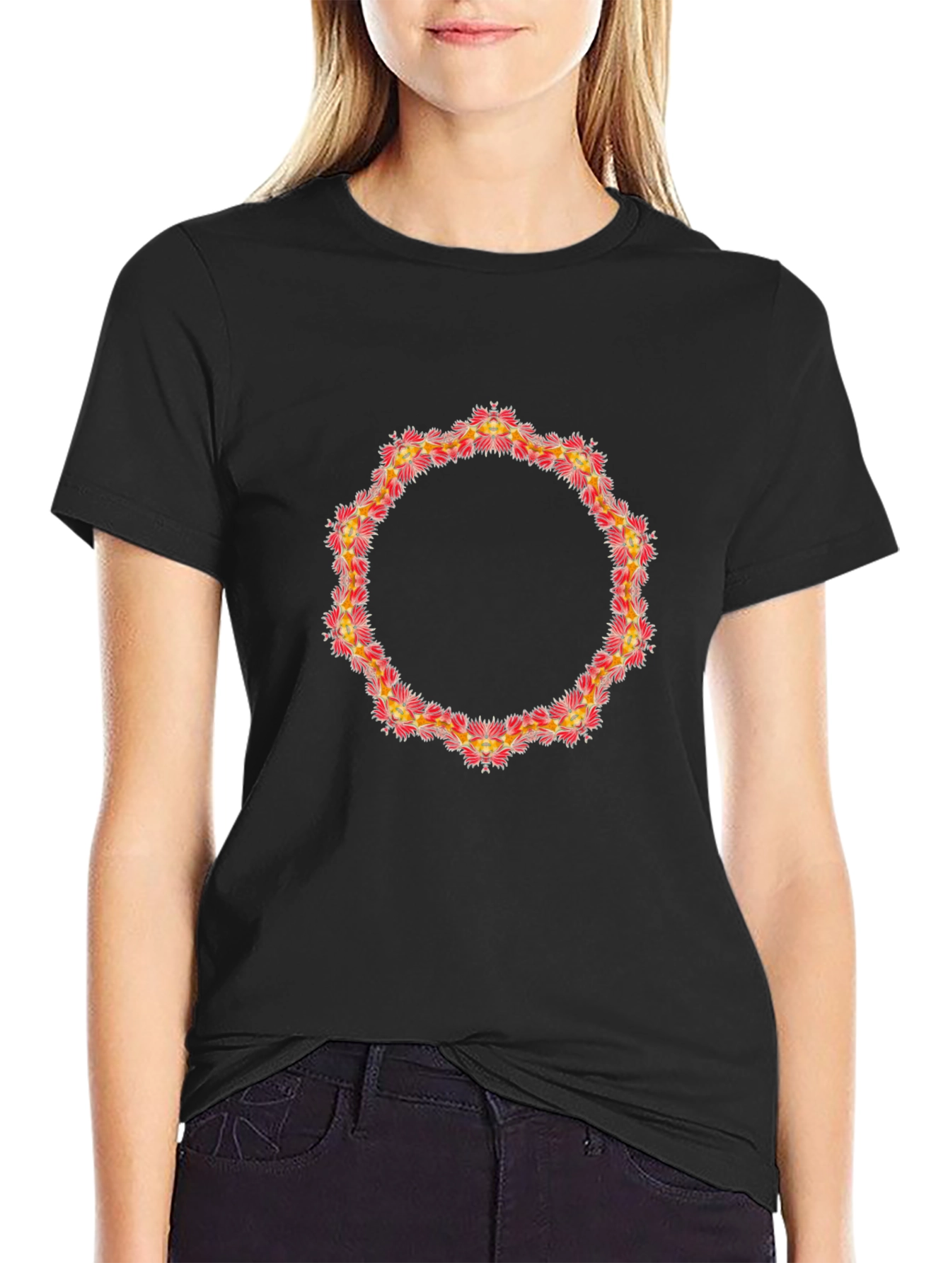 Floral Circle Graphic Black T-Shirt