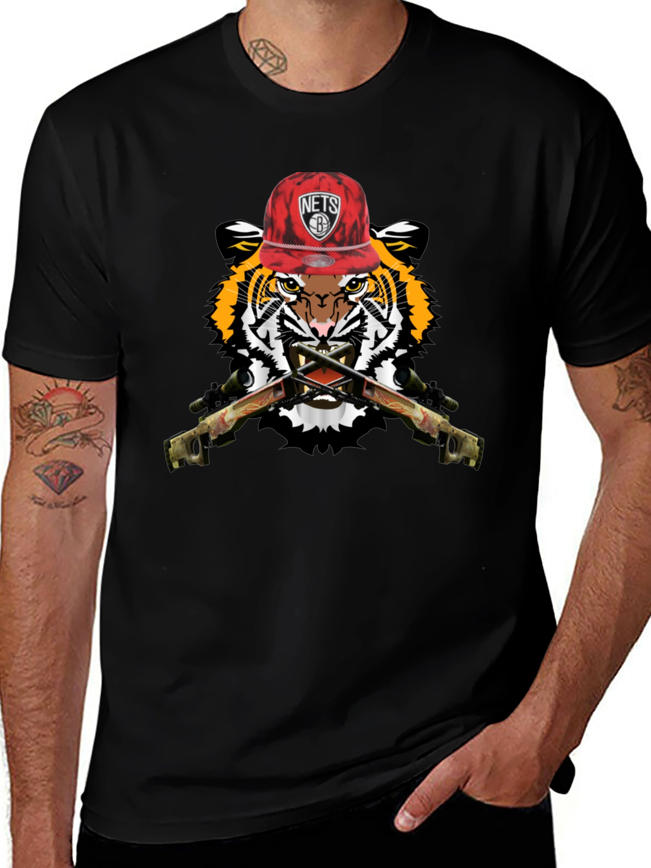 Tiger with Nets Hat Graphic Print T-Shirt