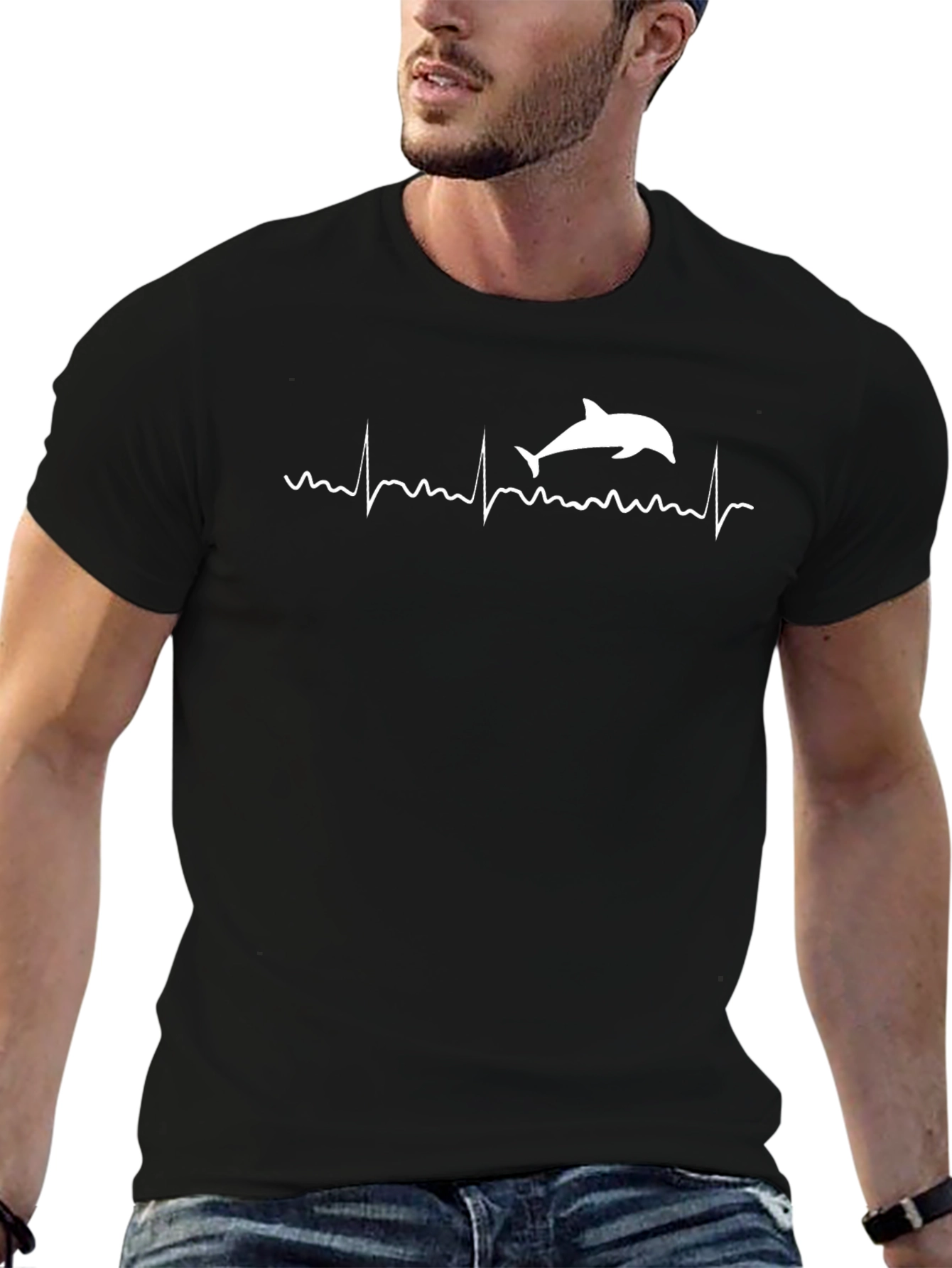 Dolphin Heartbeat Graphic Tee - Black Cotton T-Shirt