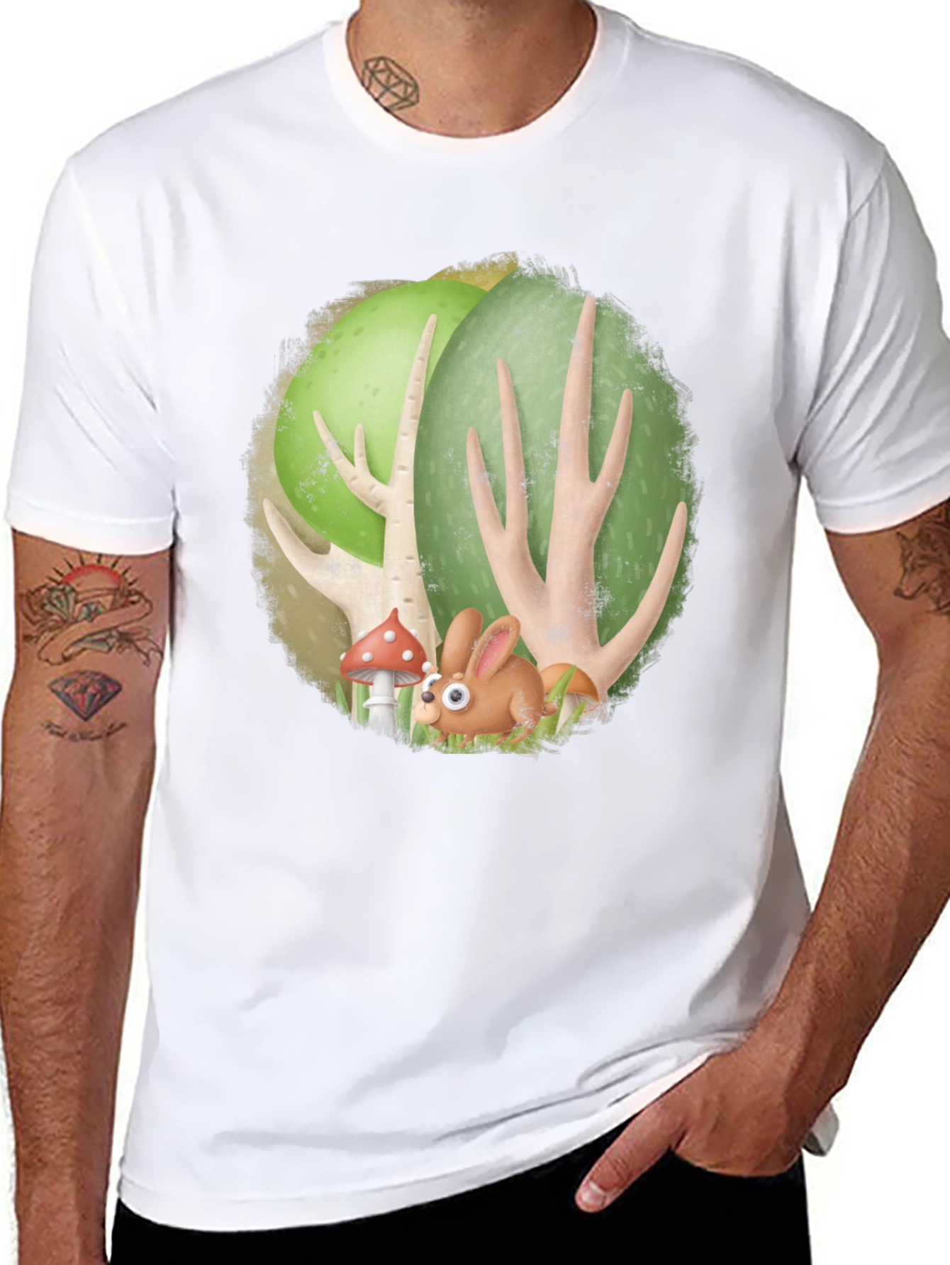 Cartoon Forest Bunny Black T-Shirt