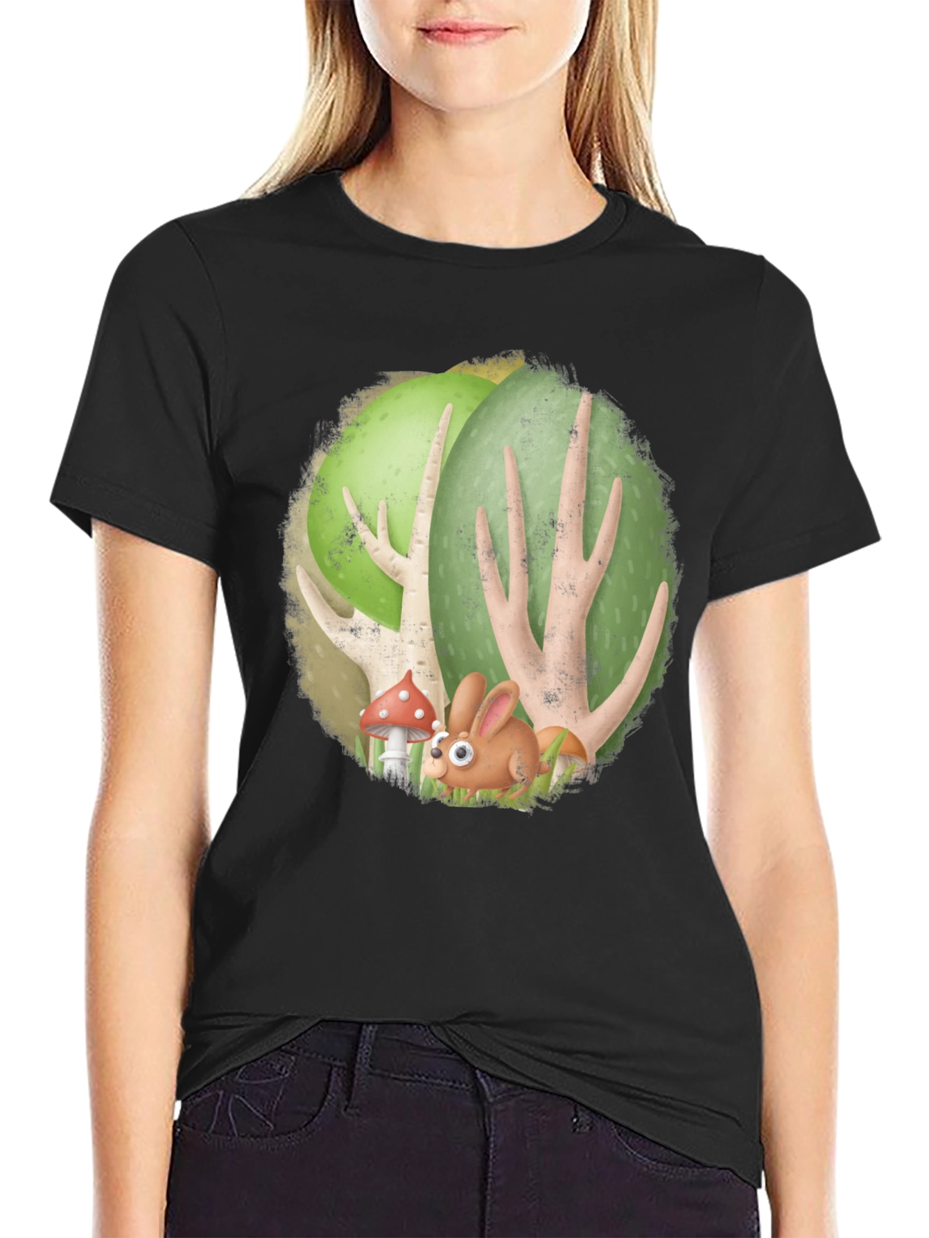 Cartoon Forest Bunny Black T-Shirt