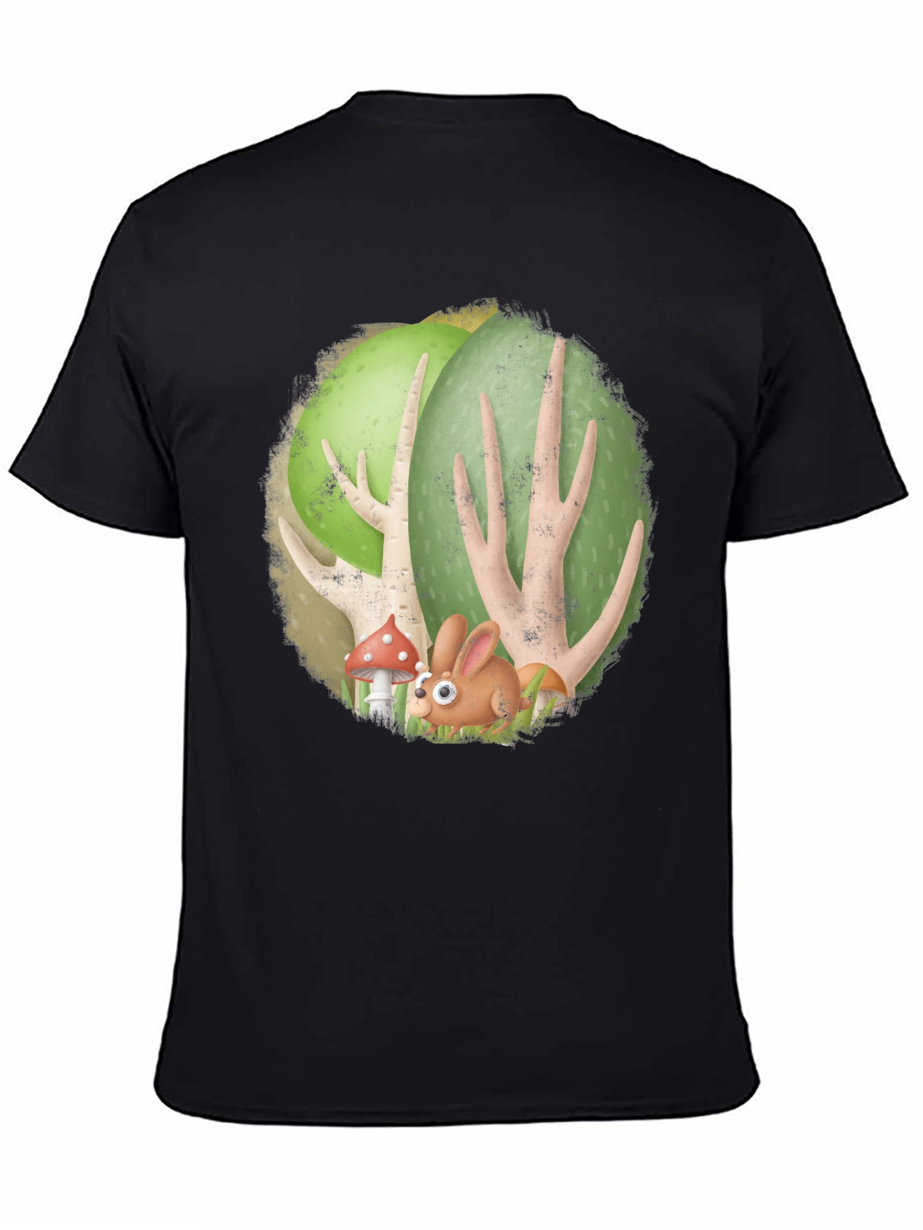 Cartoon Forest Bunny Black T-Shirt