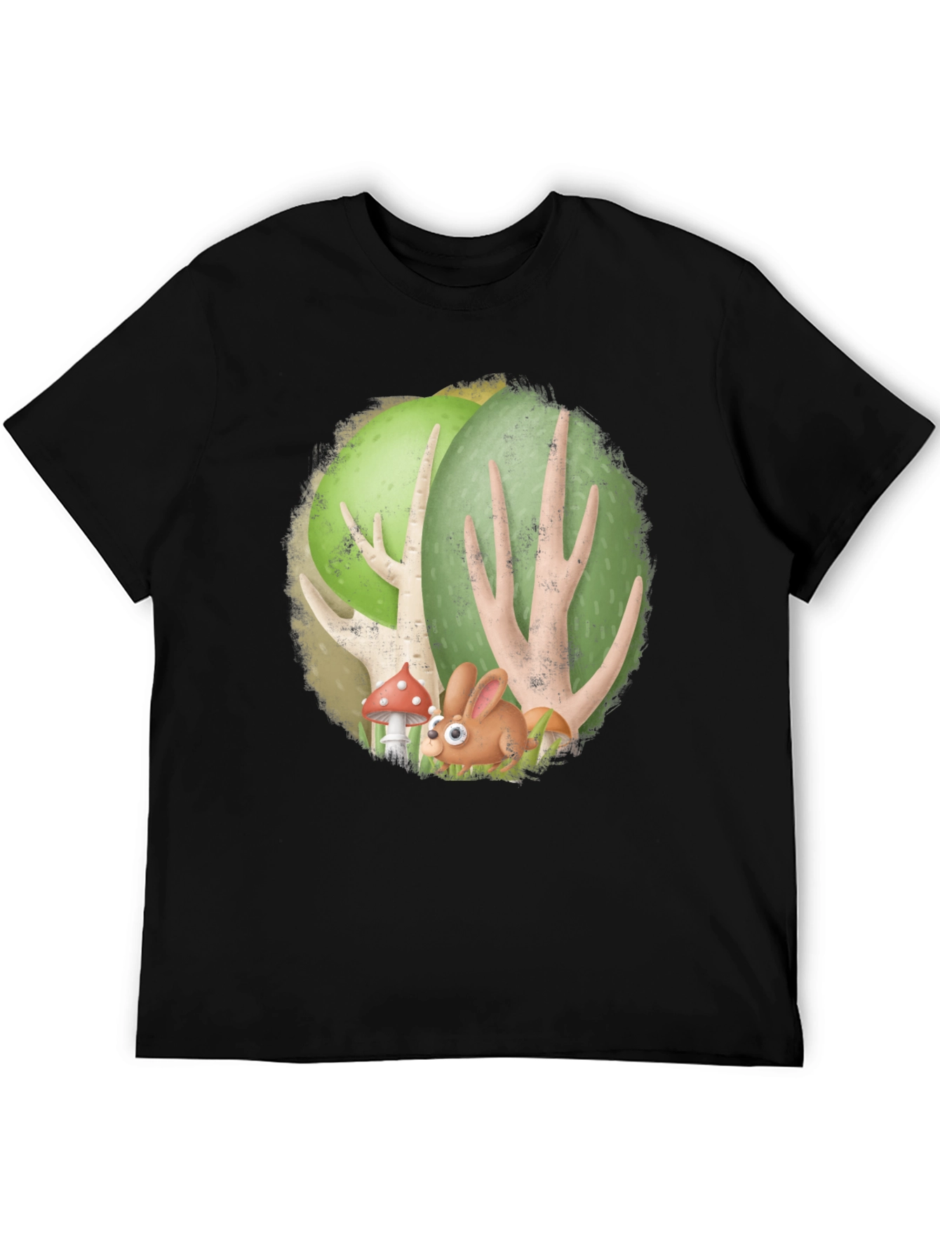 Cartoon Forest Bunny Black T-Shirt