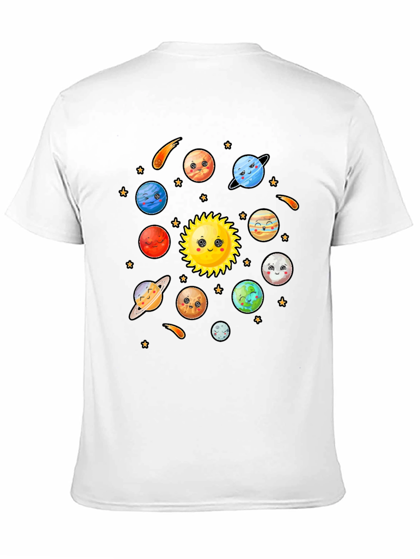 Cute Cartoon Planets Solar System Black T-Shirt