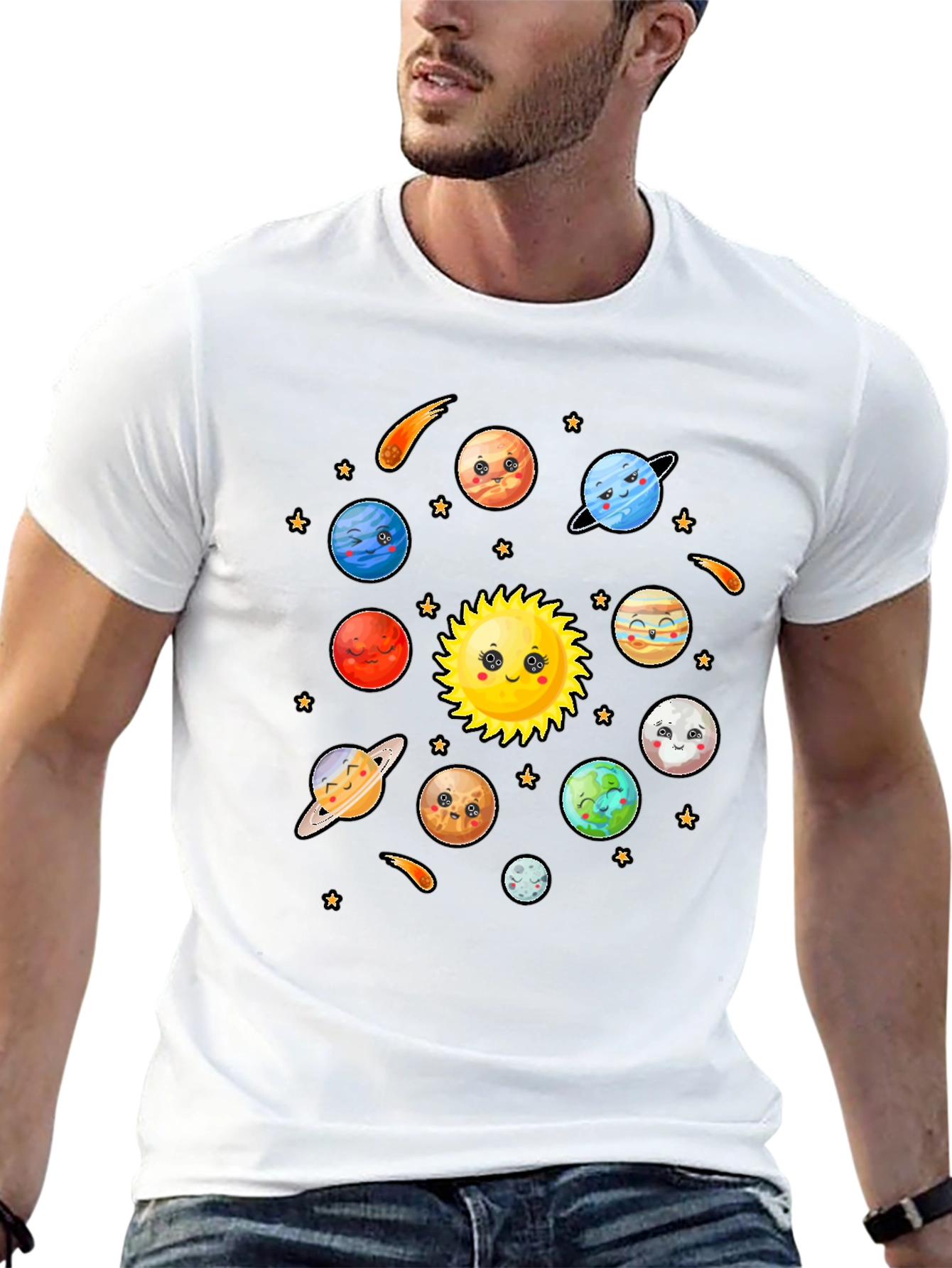 Cute Cartoon Planets Solar System Black T-Shirt