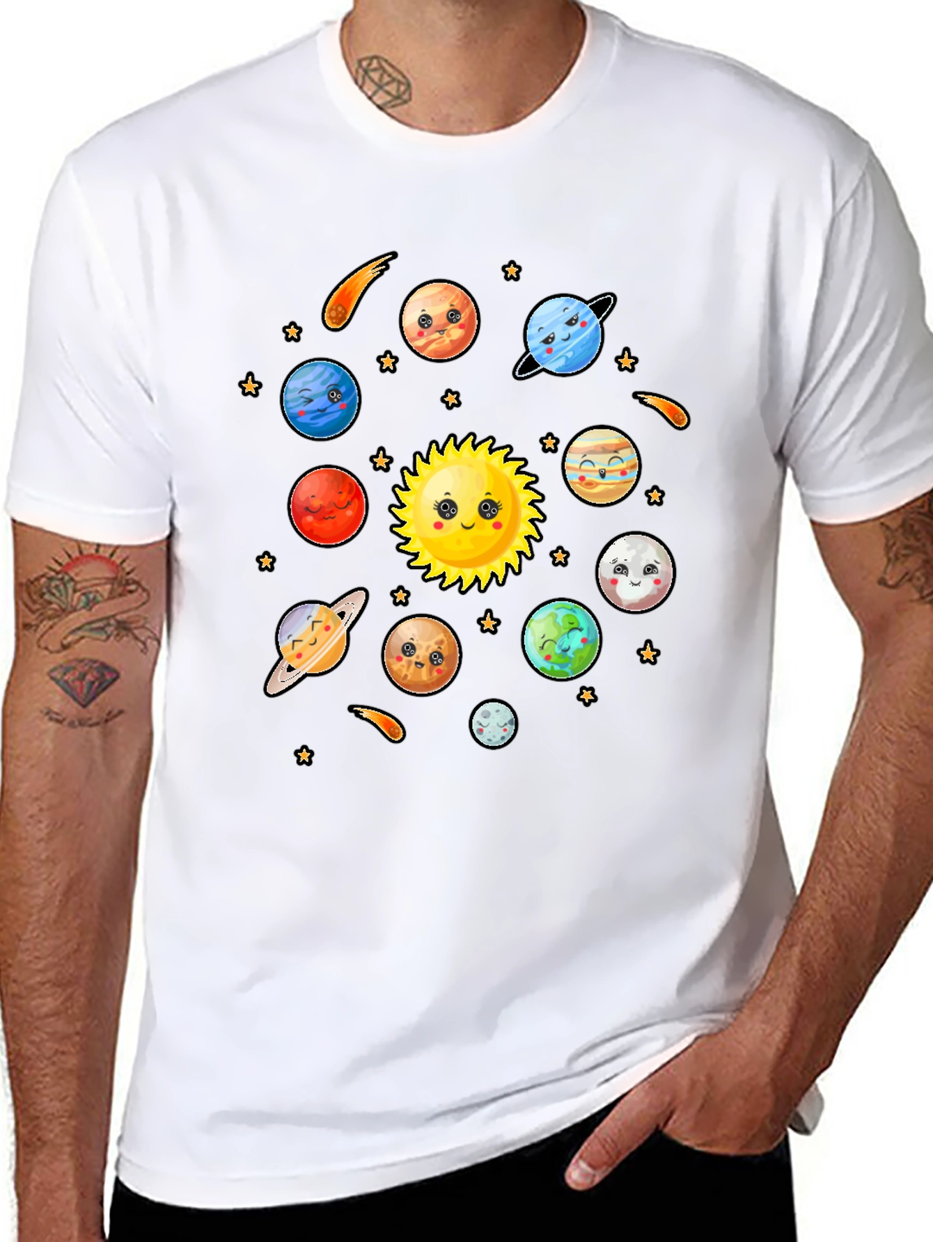 Cute Cartoon Planets Solar System Black T-Shirt