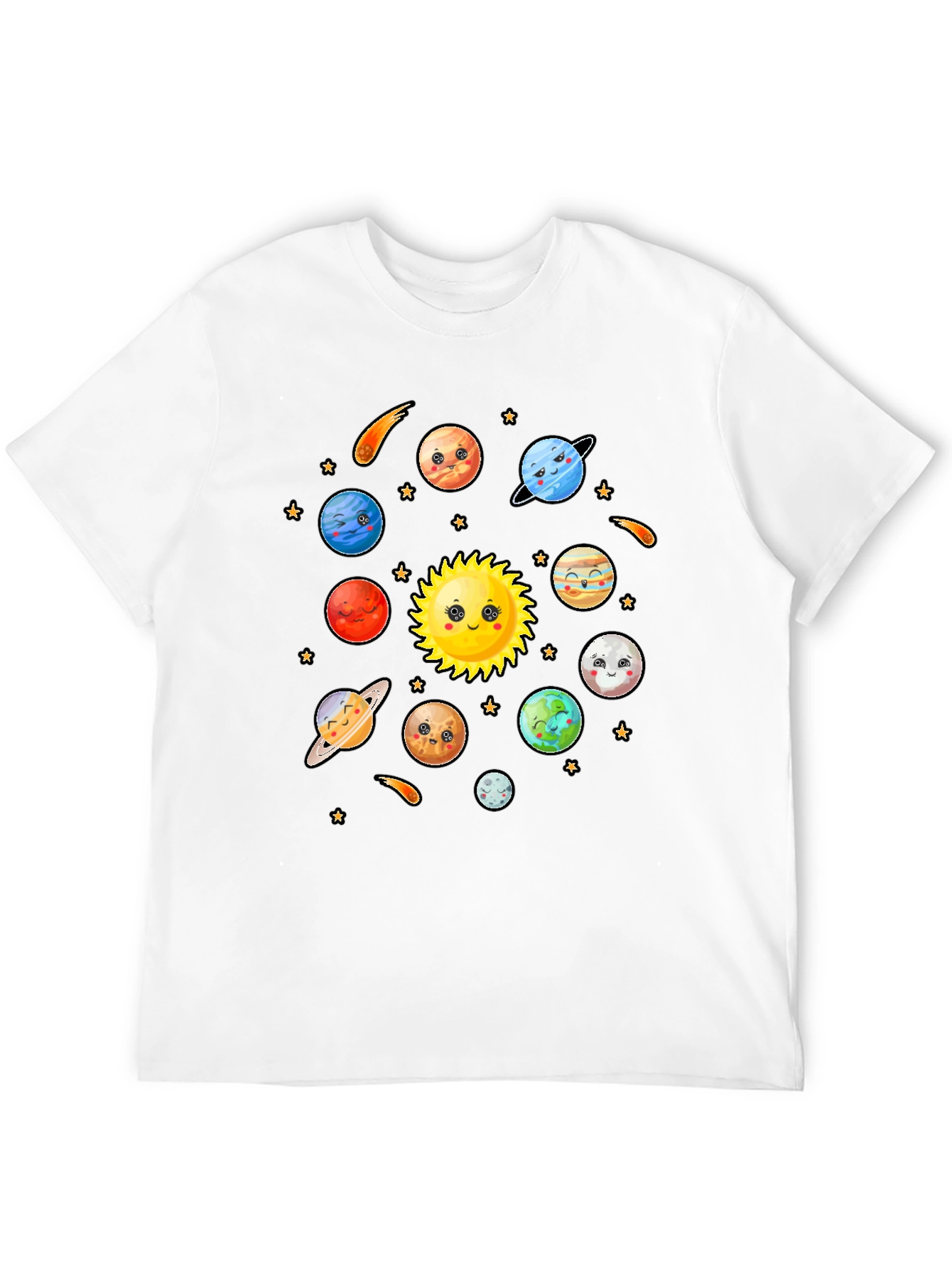 Cute Cartoon Planets Solar System Black T-Shirt
