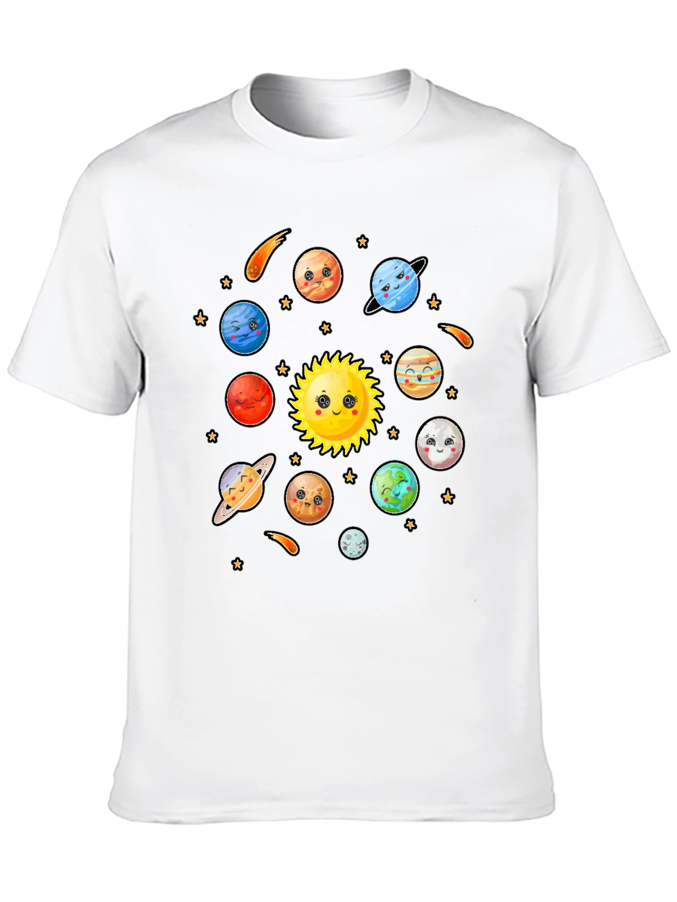 Cute Cartoon Planets Solar System Black T-Shirt
