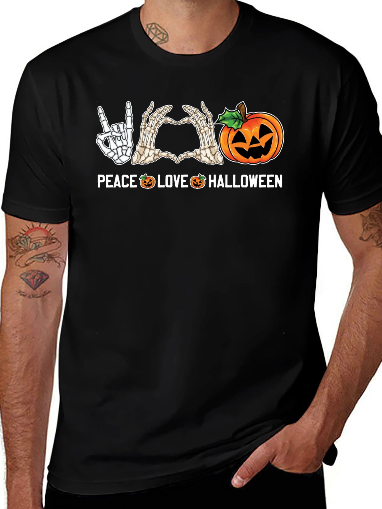 Peace Love Halloween Skeleton Hand Graphic Tee