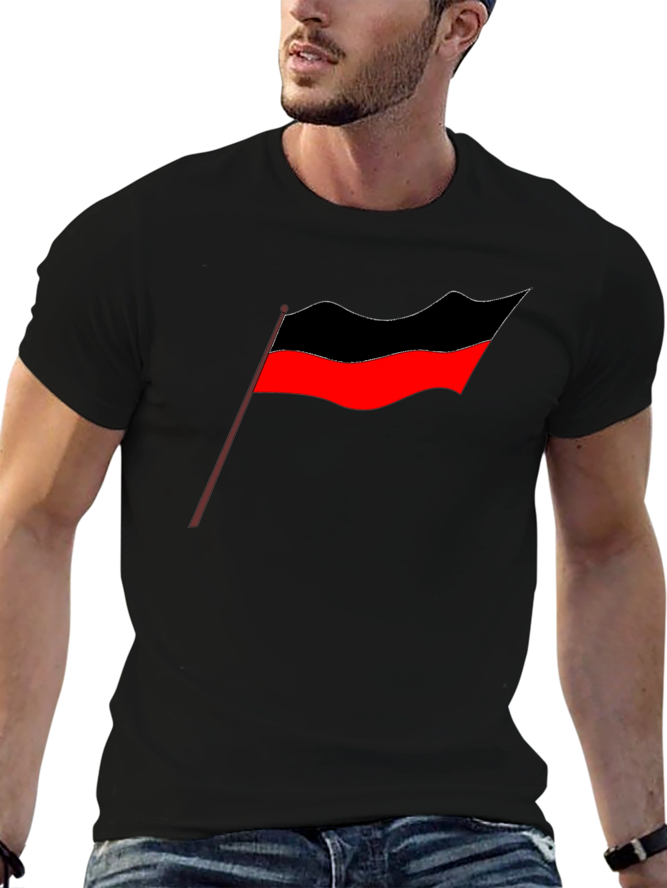 Bold Graphic Tee - Red and Black Flag Design
