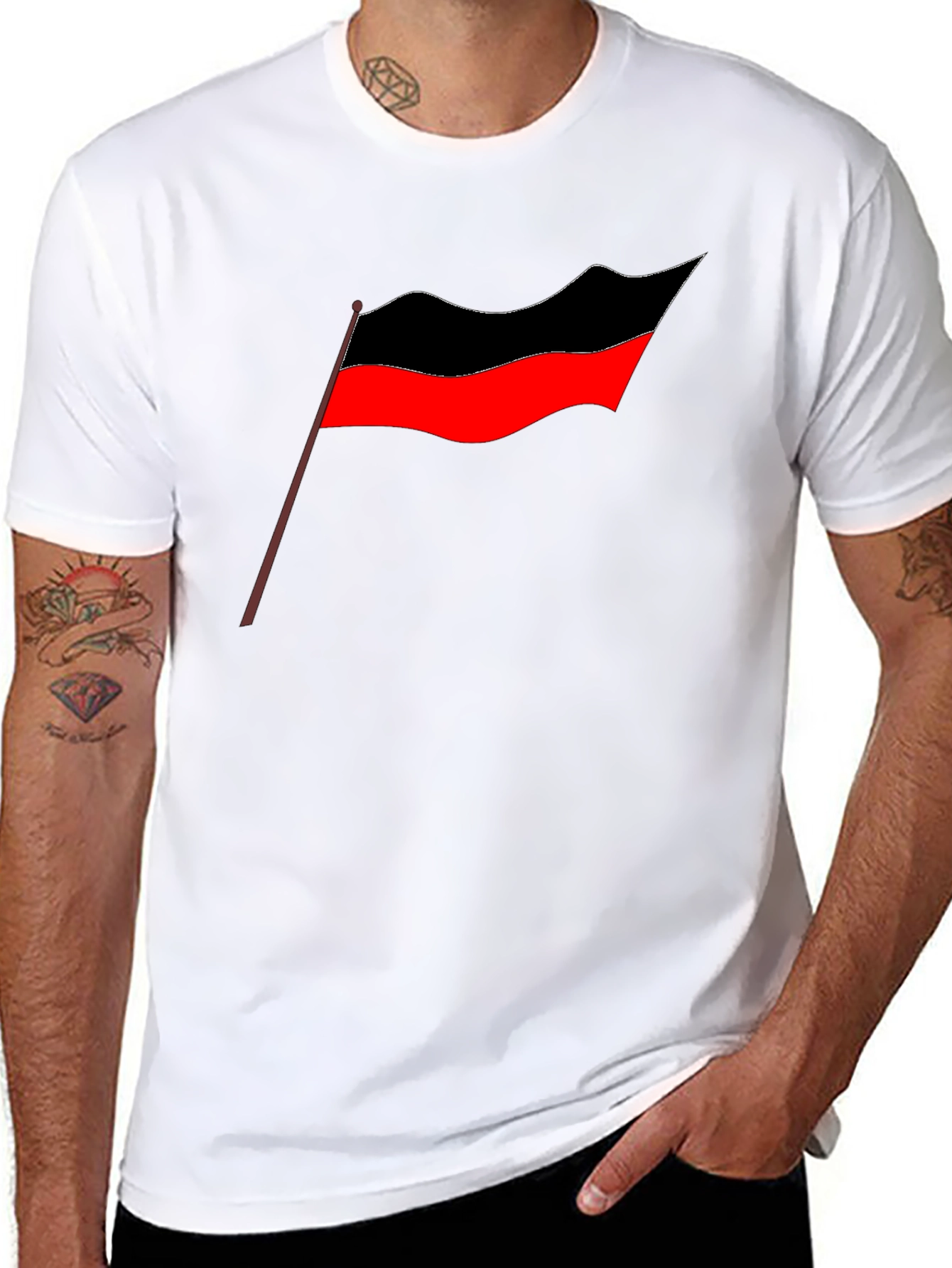 Bold Graphic Tee - Red and Black Flag Design
