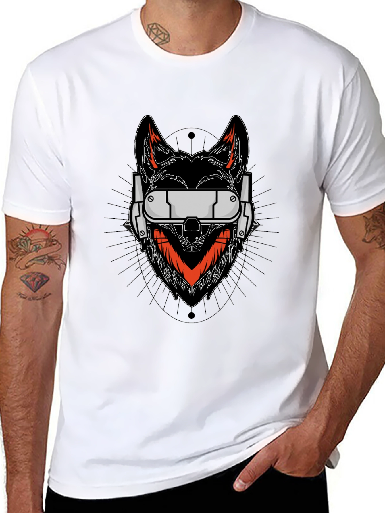 Cyberpunk Wolf Graphic Tee - Black Cotton Shirt