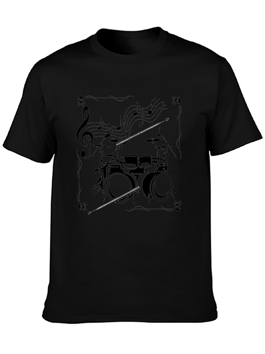 Drum Set Music Notes Graphic Black T-Shirt