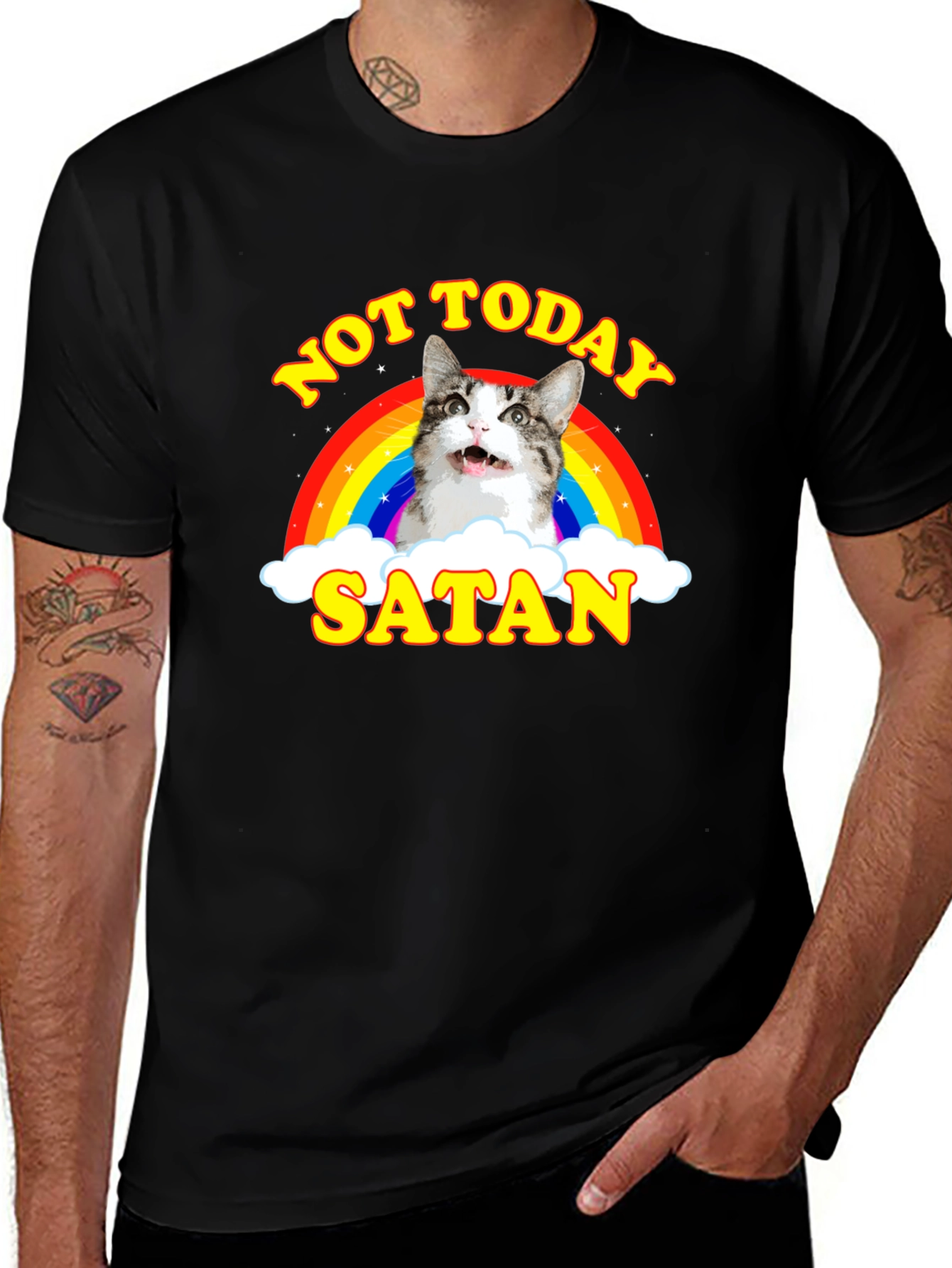 Not Today Satan Cat Rainbow Graphic T-Shirt