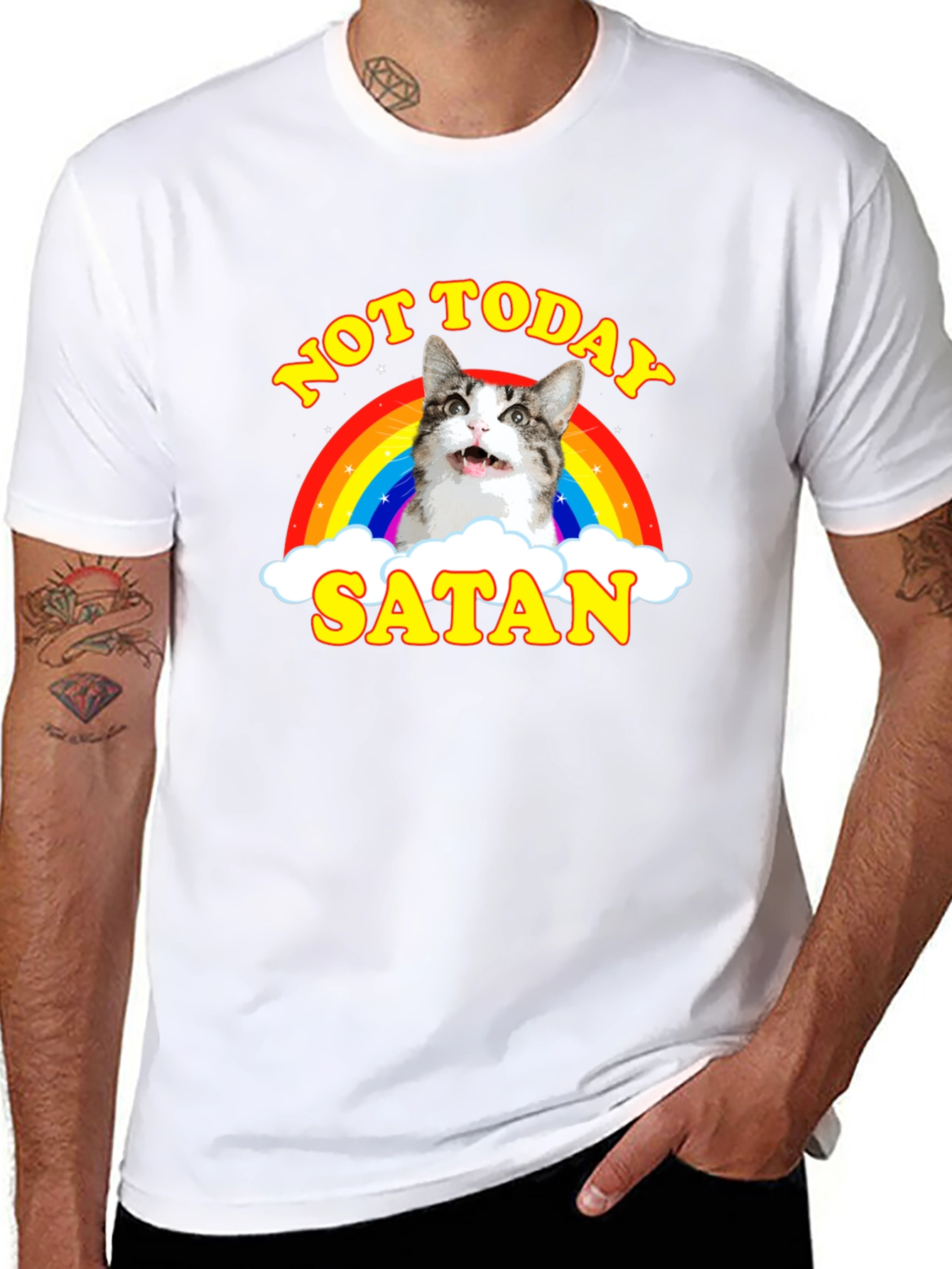 Not Today Satan Cat Rainbow Graphic T-Shirt
