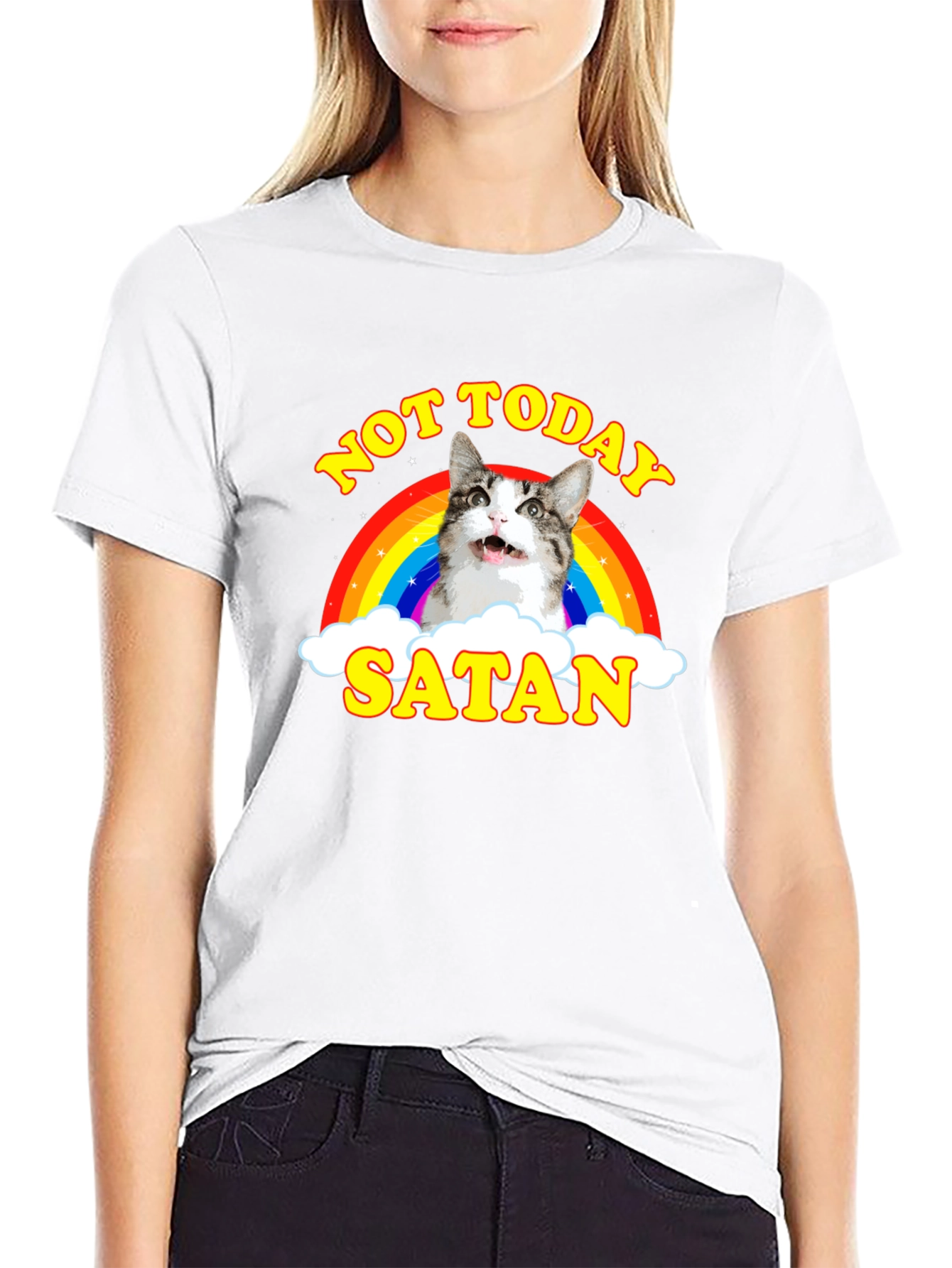 Not Today Satan Cat Rainbow Graphic T-Shirt