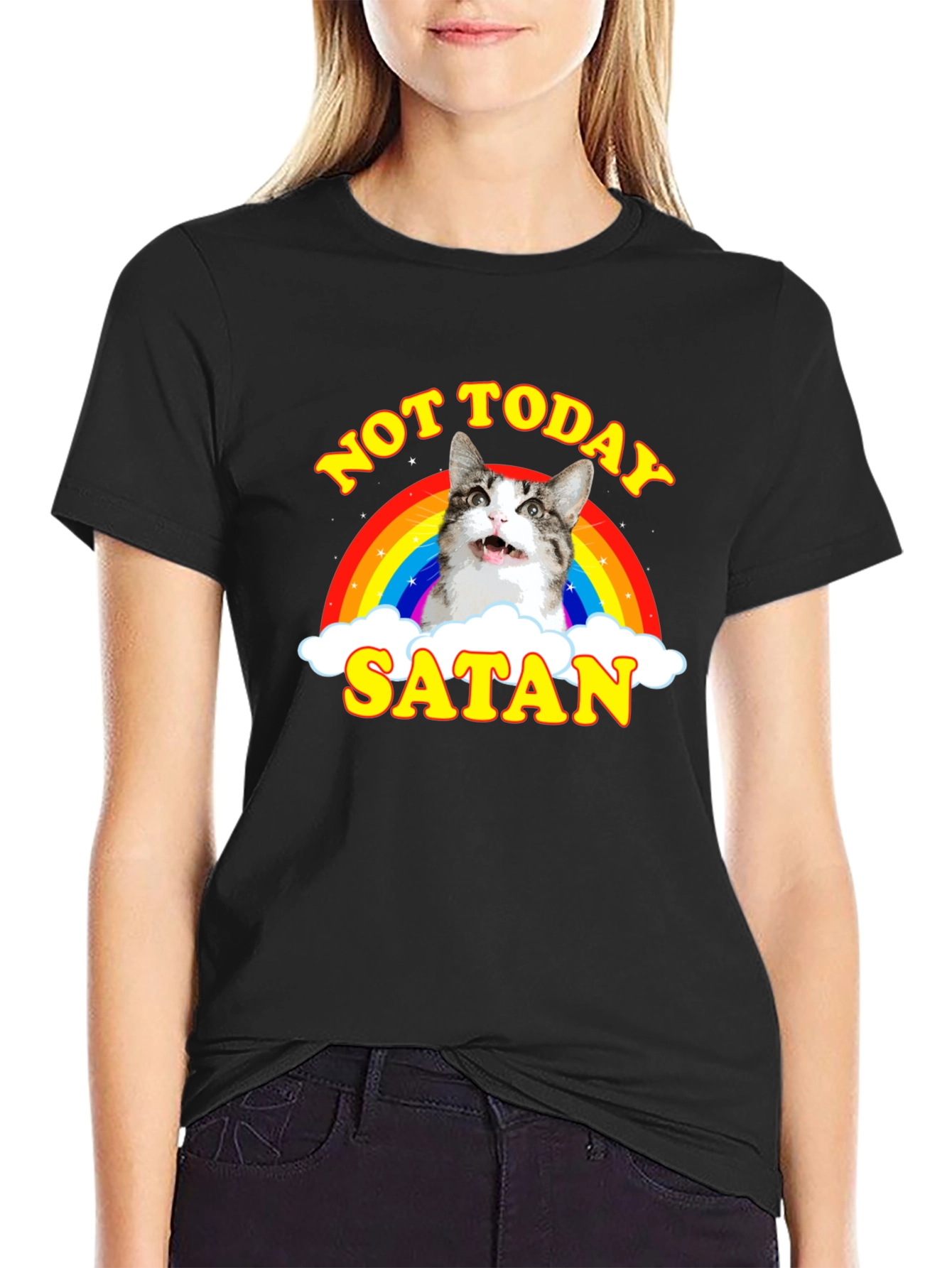Not Today Satan Cat Rainbow Graphic T-Shirt