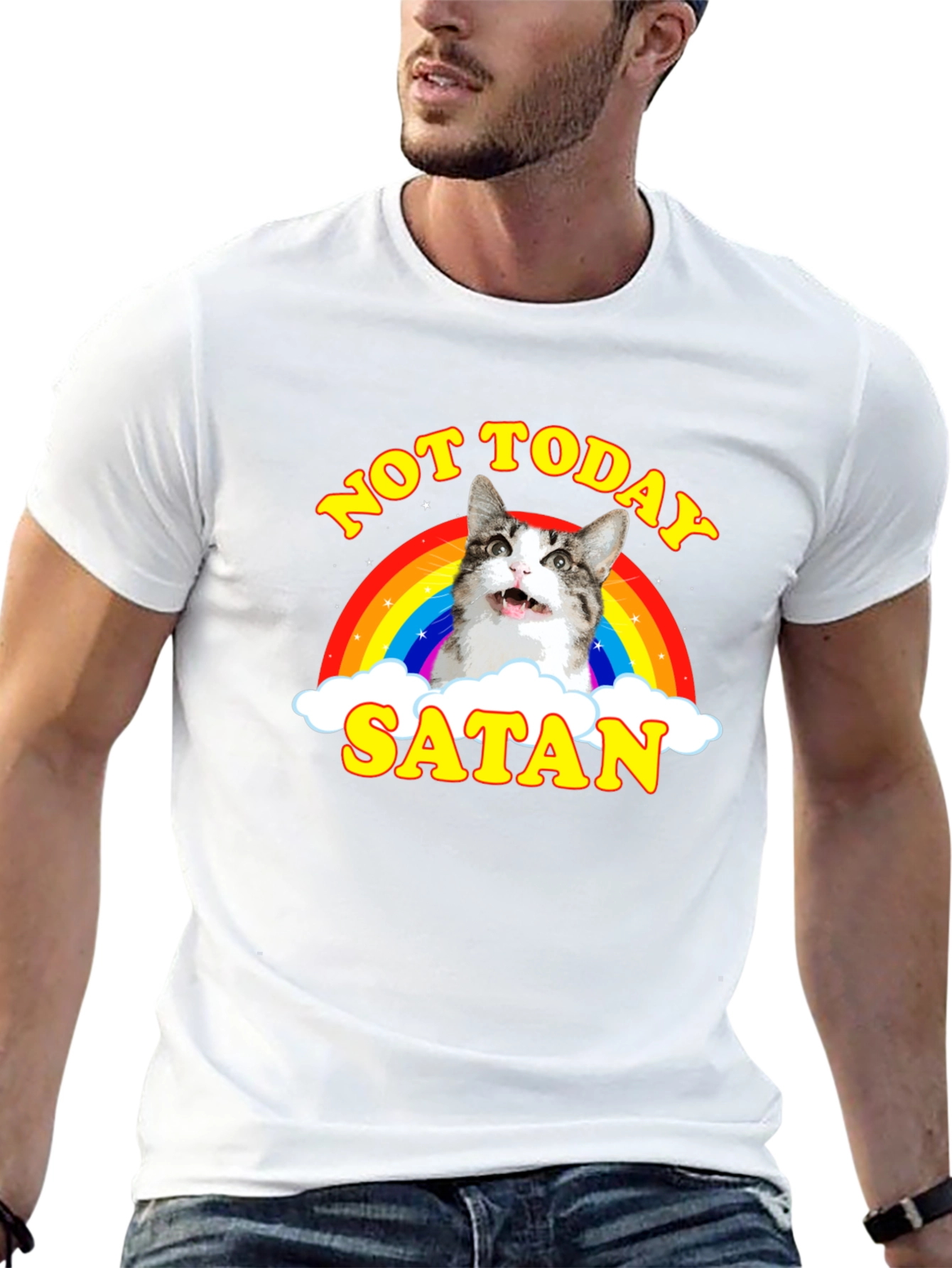 Not Today Satan Cat Rainbow Graphic T-Shirt