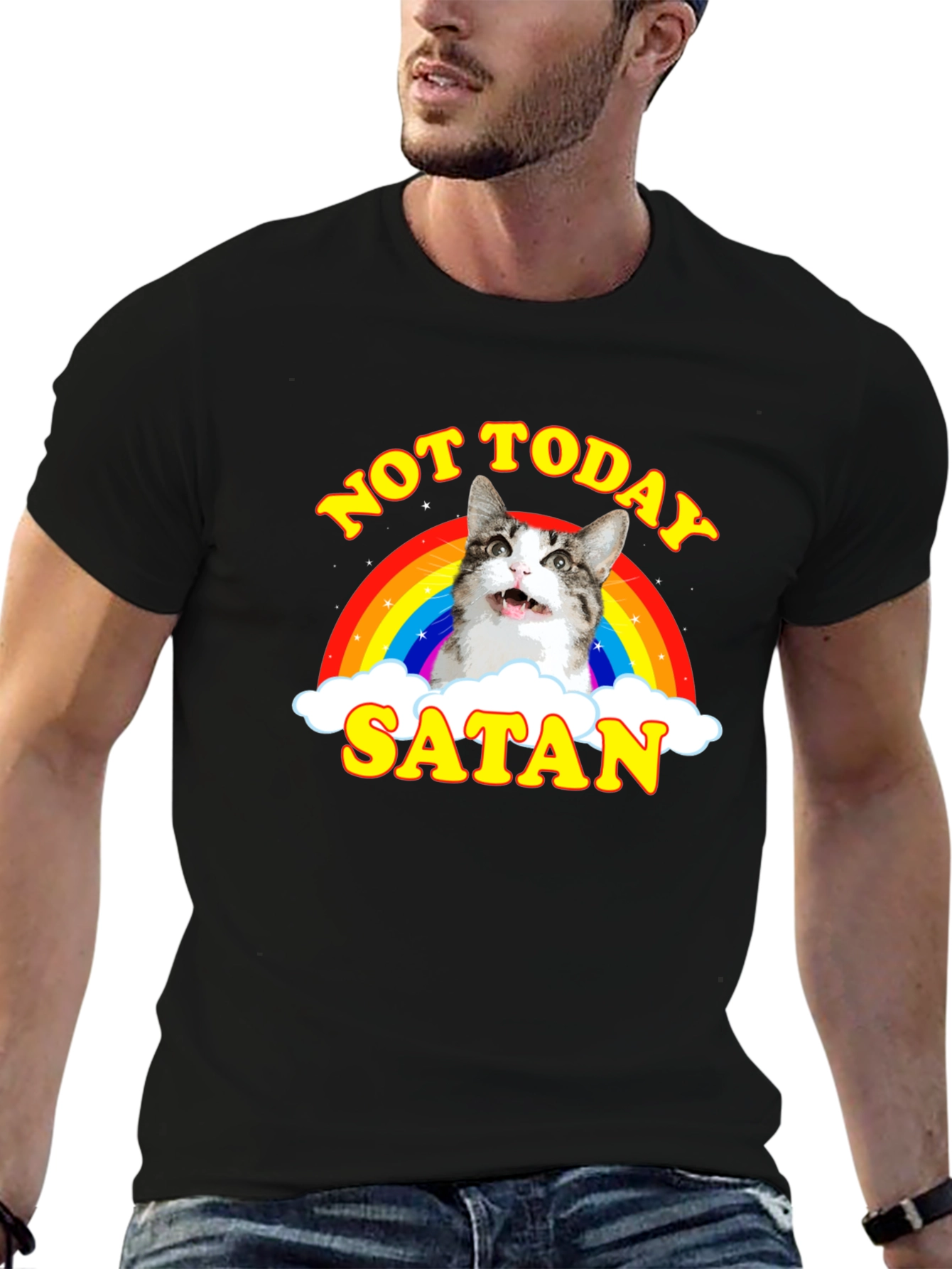 Not Today Satan Cat Rainbow Graphic T-Shirt