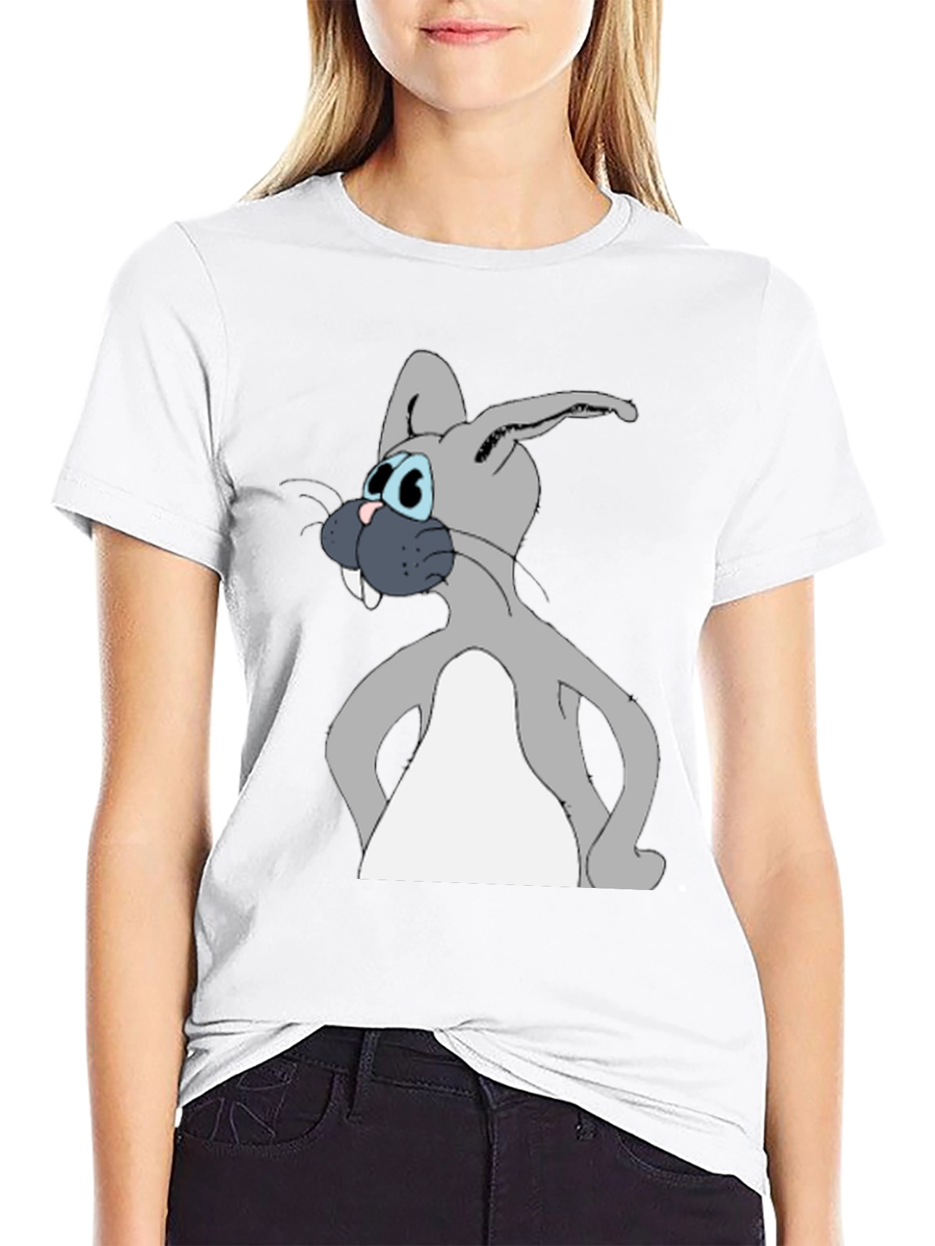 Cartoon Rabbit Graphic Tee - Black Cotton Blend