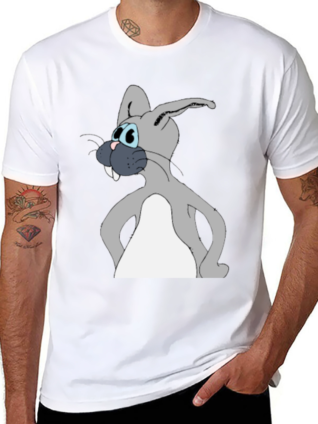Cartoon Rabbit Graphic Tee - Black Cotton Blend