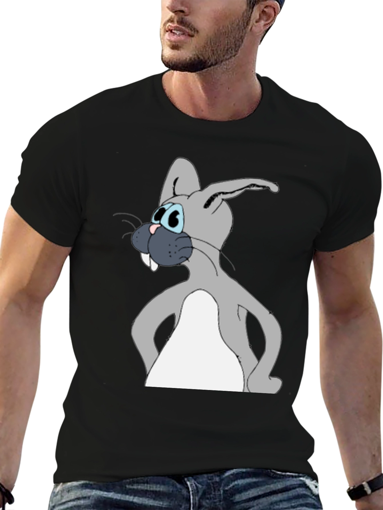Cartoon Rabbit Graphic Tee - Black Cotton Blend