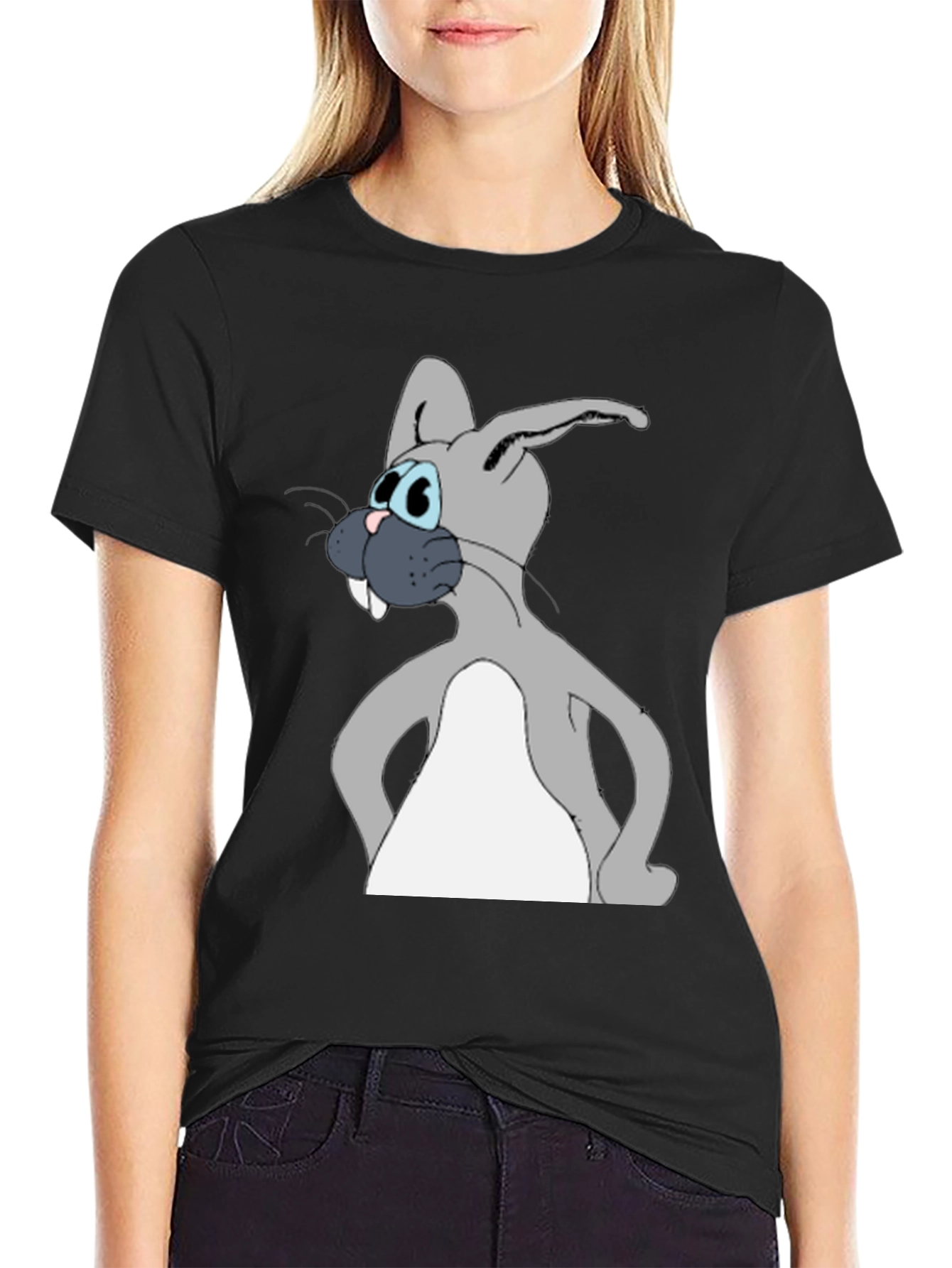 Cartoon Rabbit Graphic Tee - Black Cotton Blend
