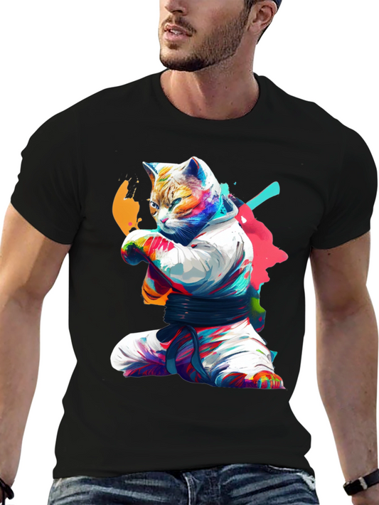 Karate Cat Graphic T-Shirt - Black Cotton Tee