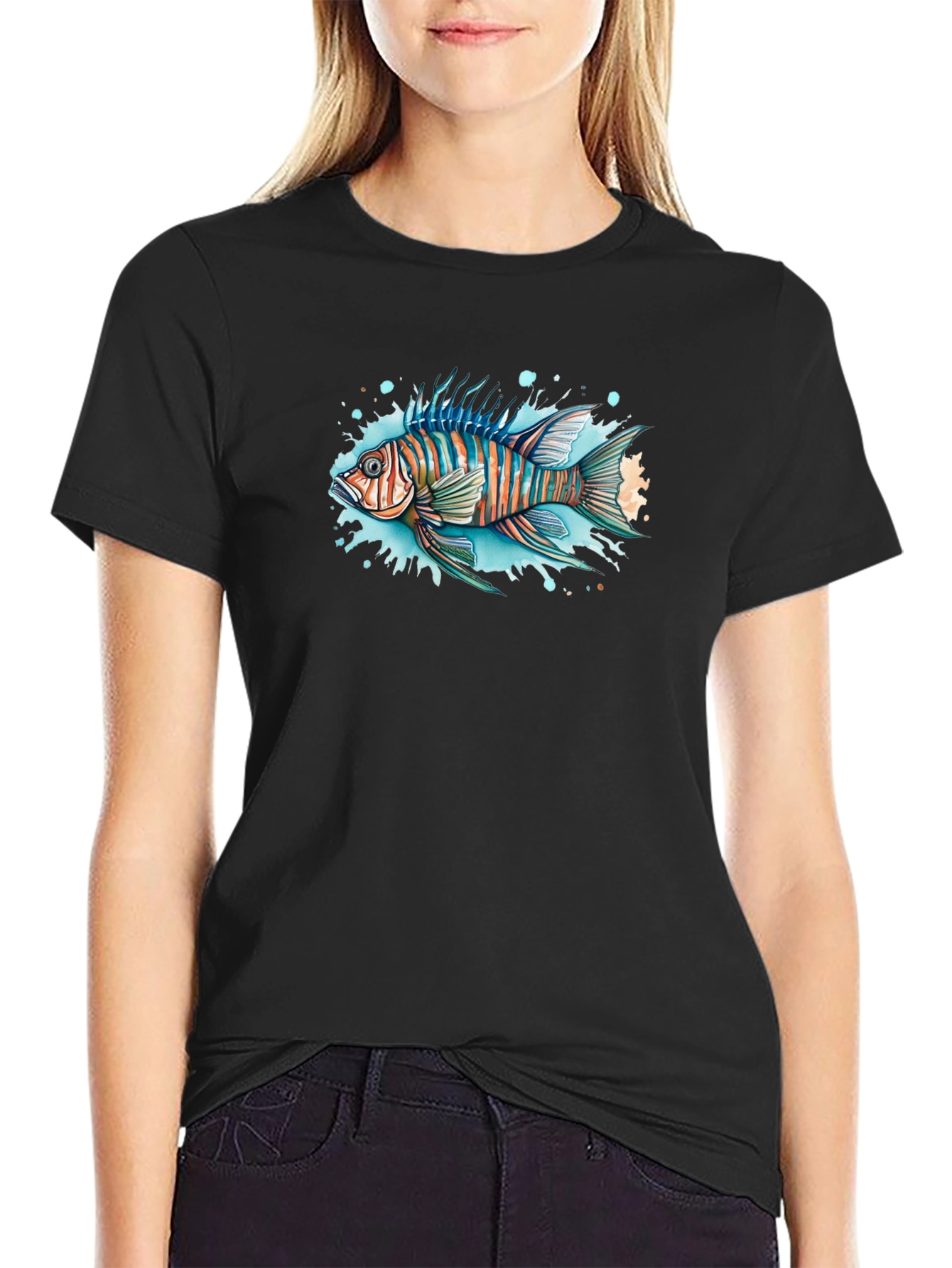 Striped Fish Graphic Black Tee