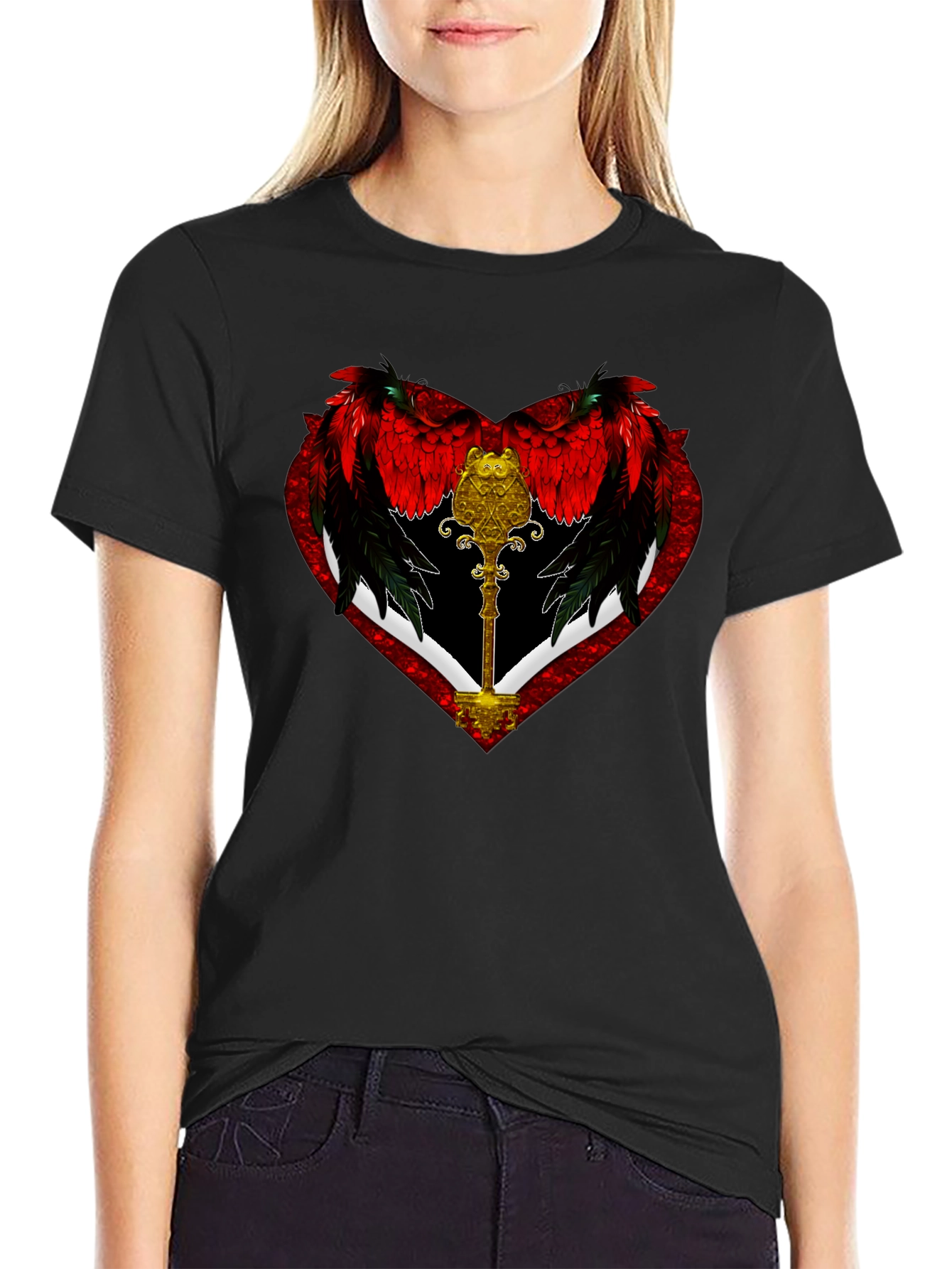 Winged Heart Key Graphic Black T-Shirt