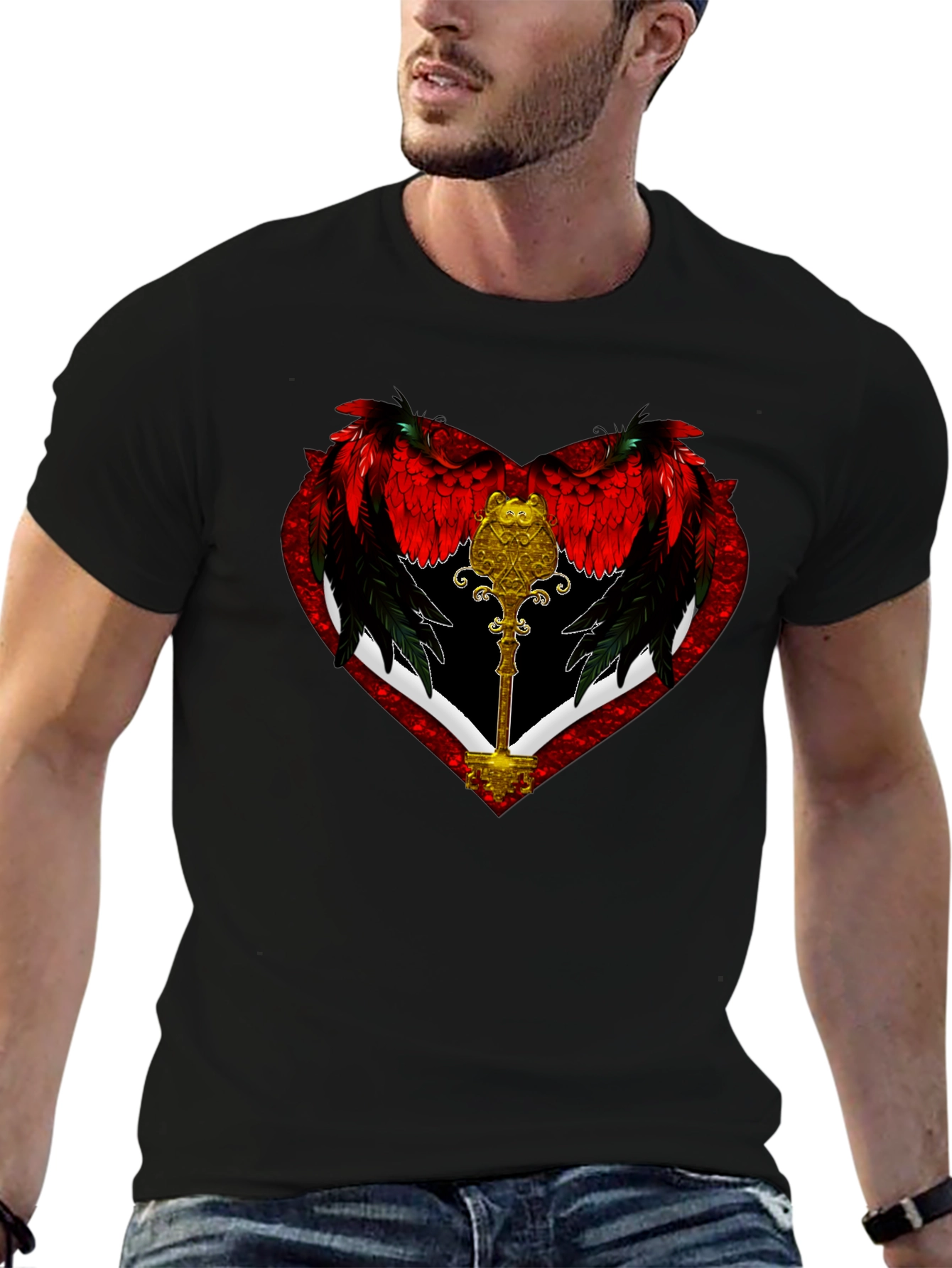 Winged Heart Key Graphic Black T-Shirt