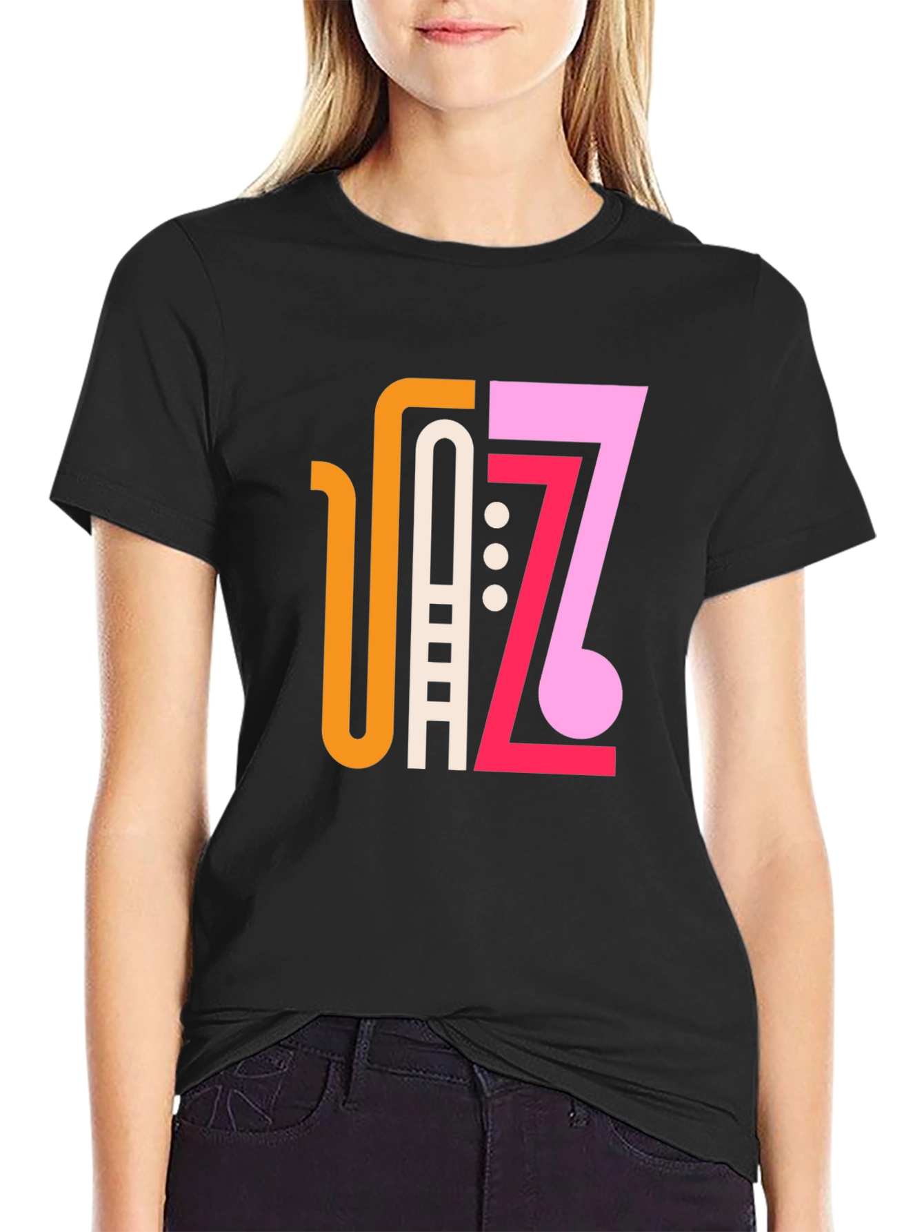 Stylish Jazz Graphic Black T-Shirt