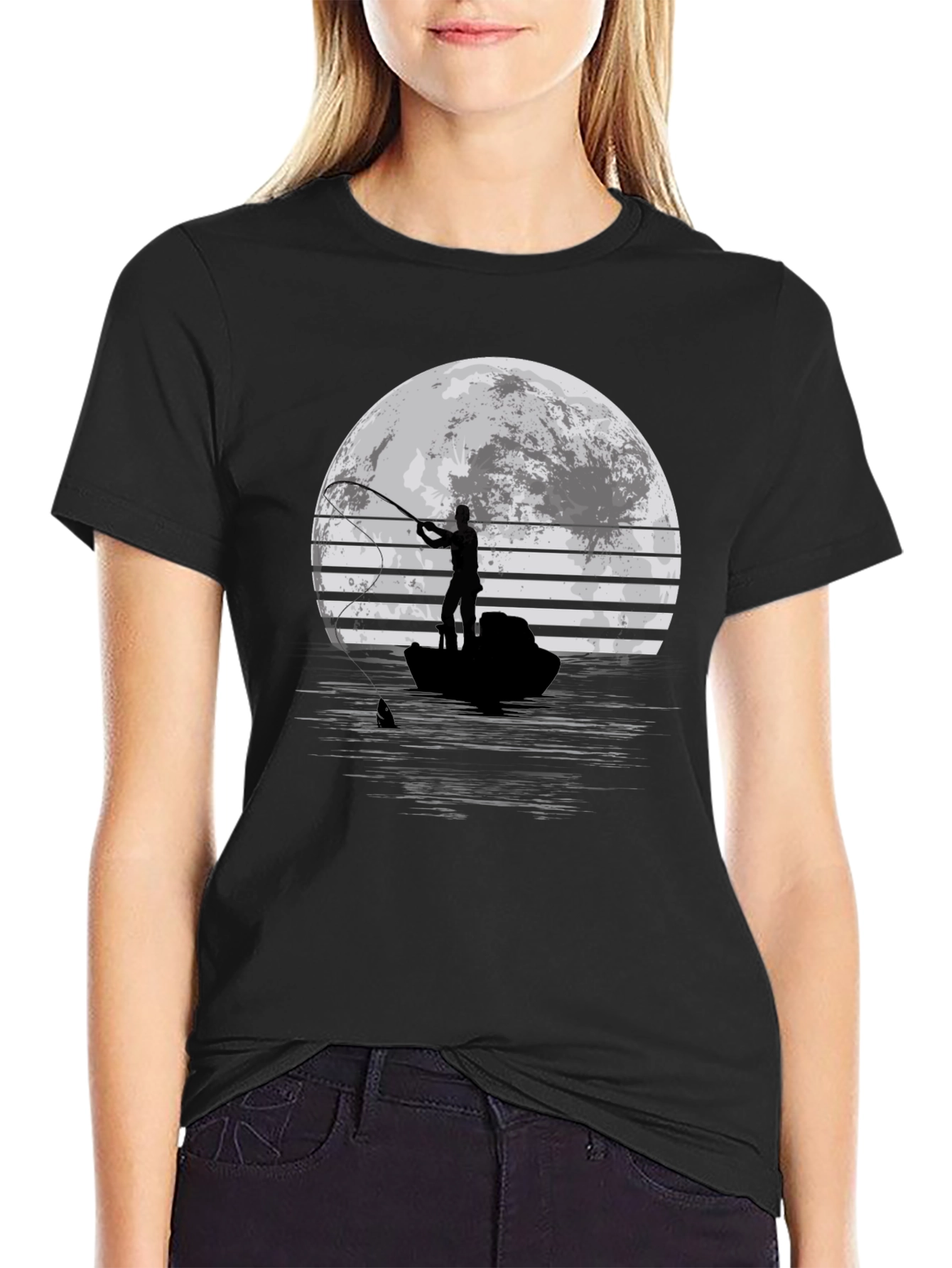 Fisherman Moon Graphic T-Shirt - Black