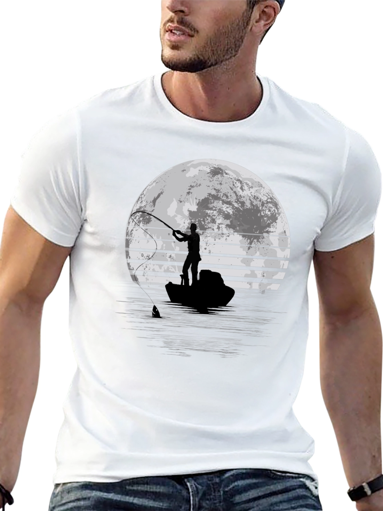 Fisherman Moon Graphic T-Shirt - Black