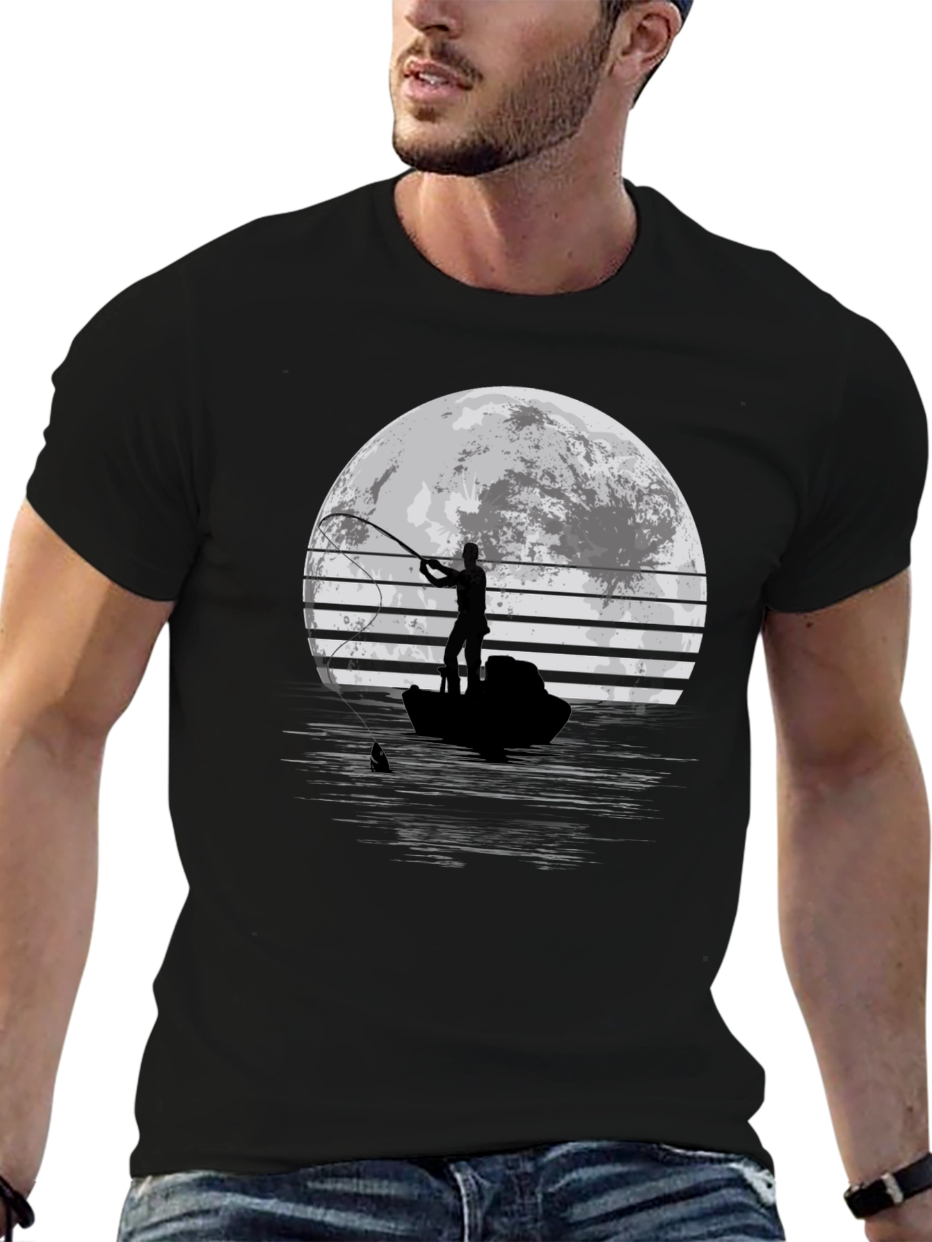 Fisherman Moon Graphic T-Shirt - Black