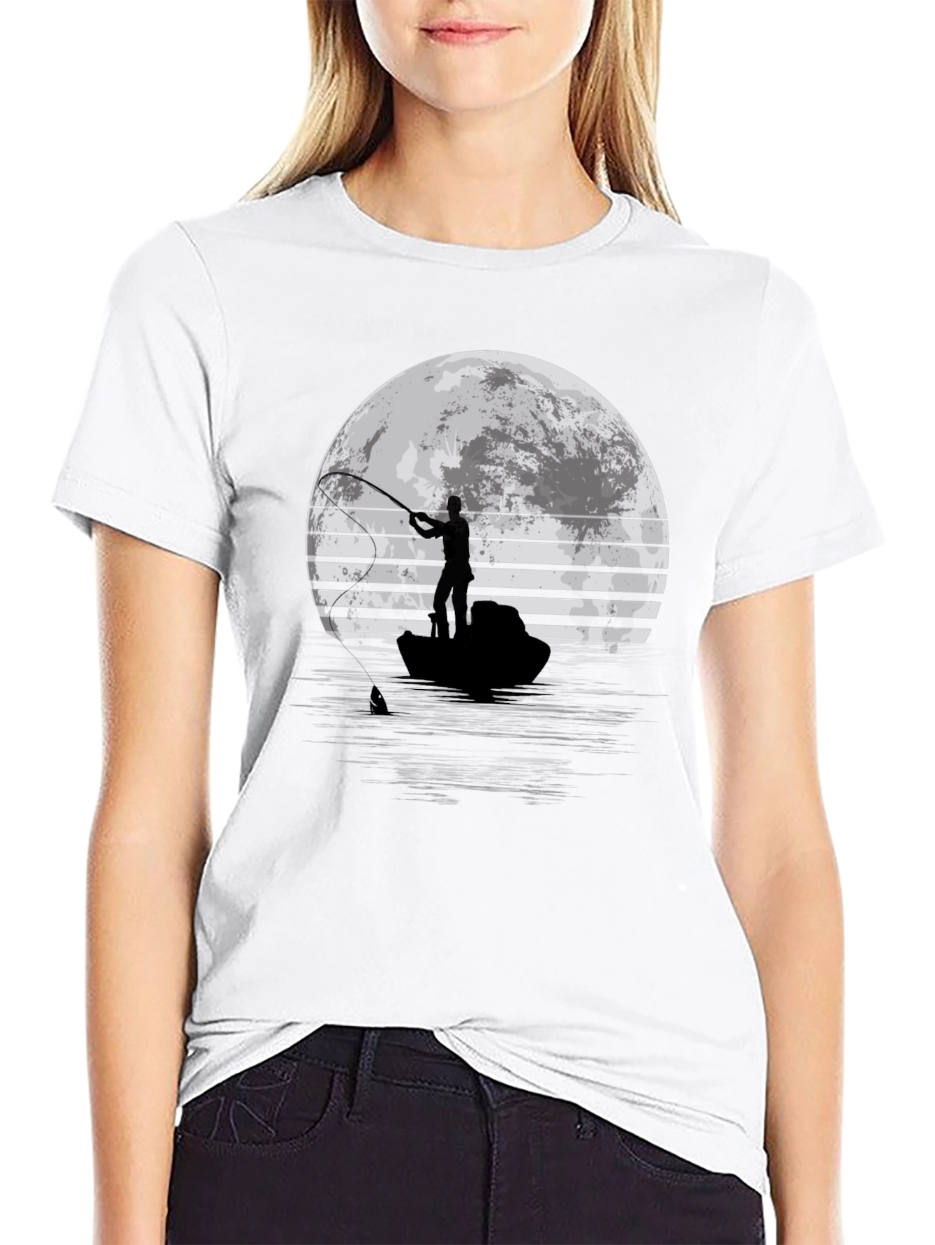 Fisherman Moon Graphic T-Shirt - Black