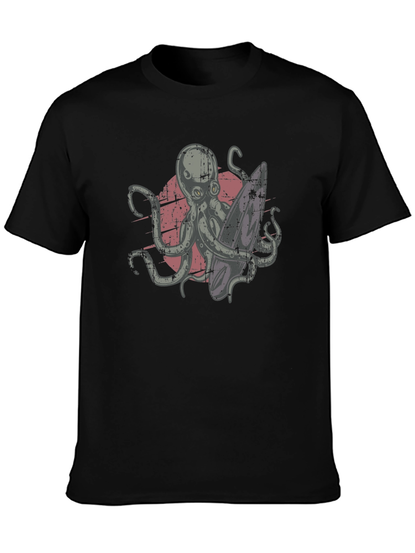Surfing Octopus Graphic Tee - Black Cotton T-Shirt