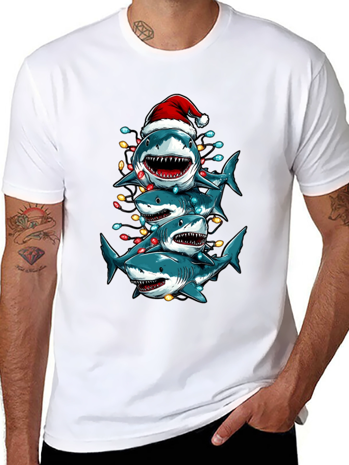 Christmas Shark Stack T-Shirt Holiday Tee