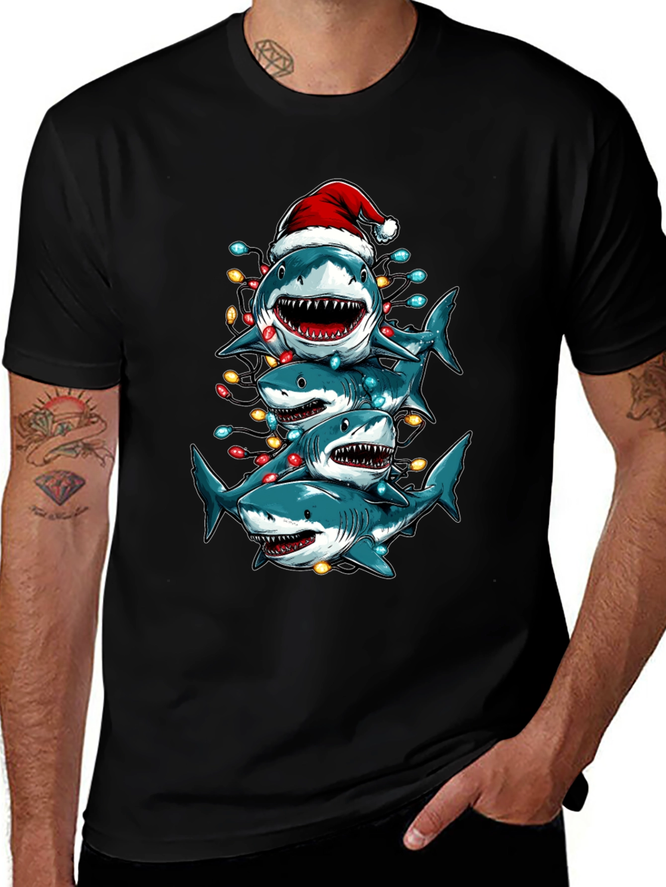 Christmas Shark Stack T-Shirt Holiday Tee
