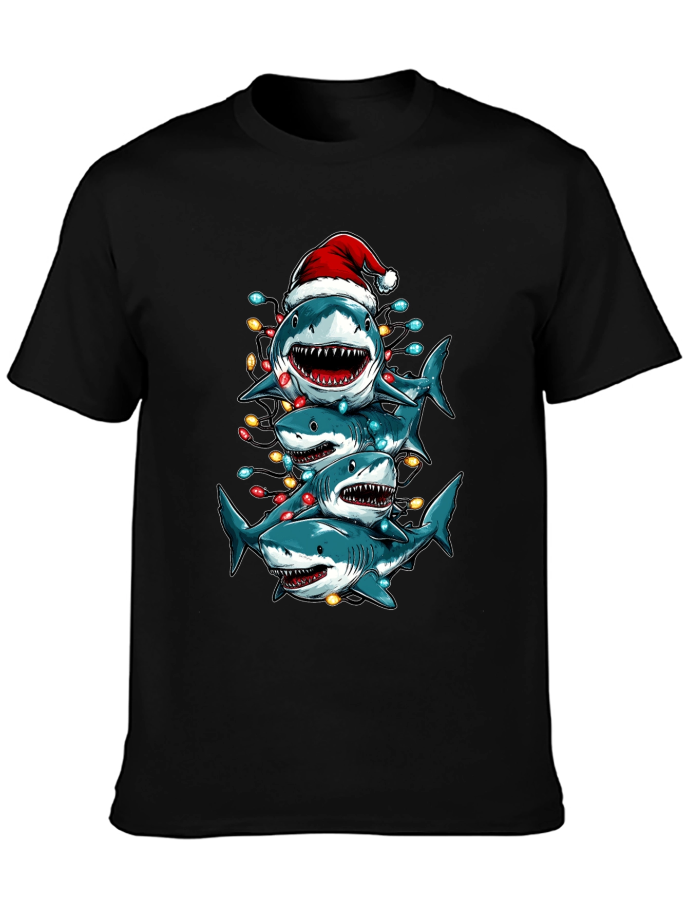 Christmas Shark Stack T-Shirt Holiday Tee