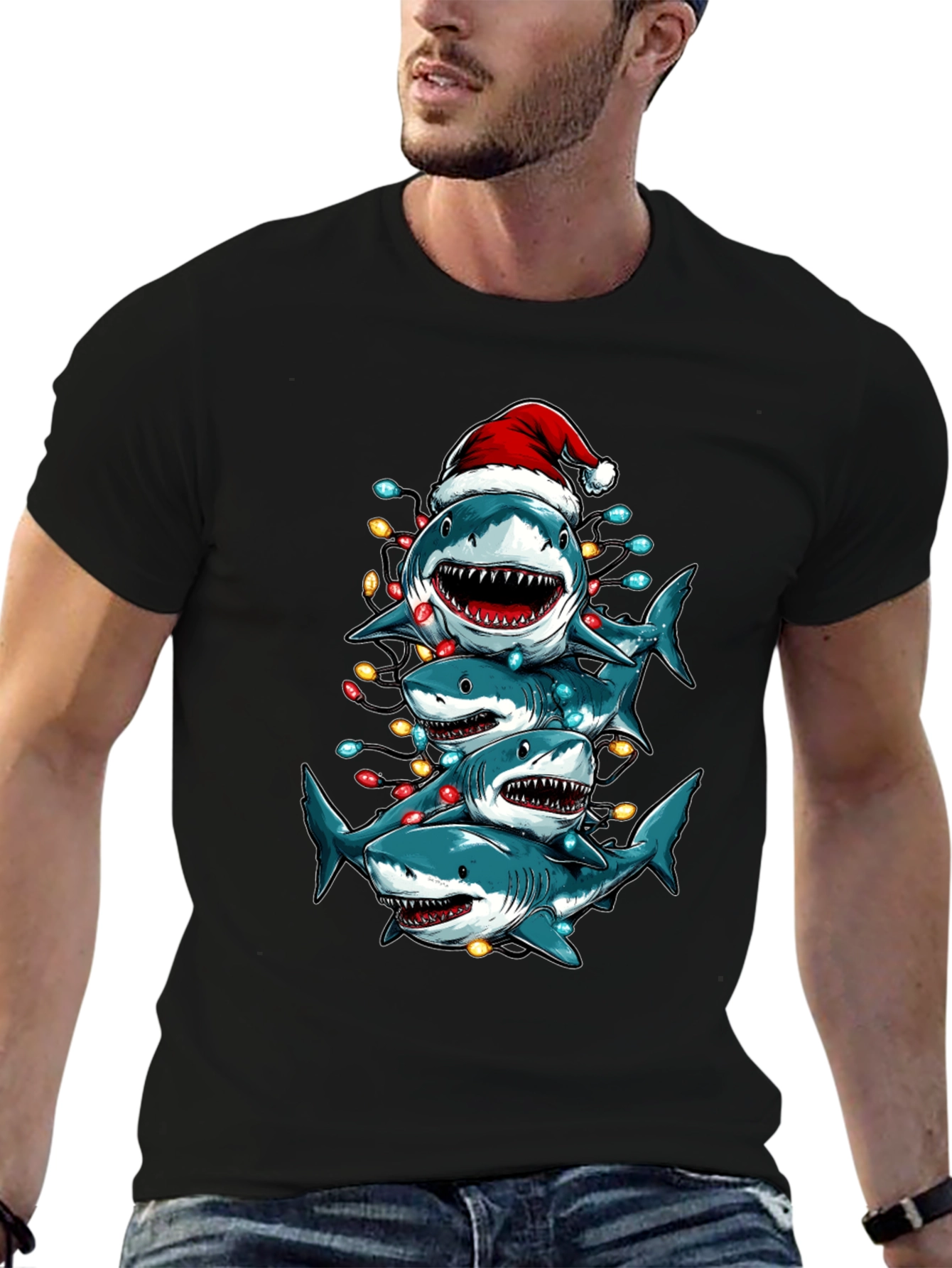 Christmas Shark Stack T-Shirt Holiday Tee