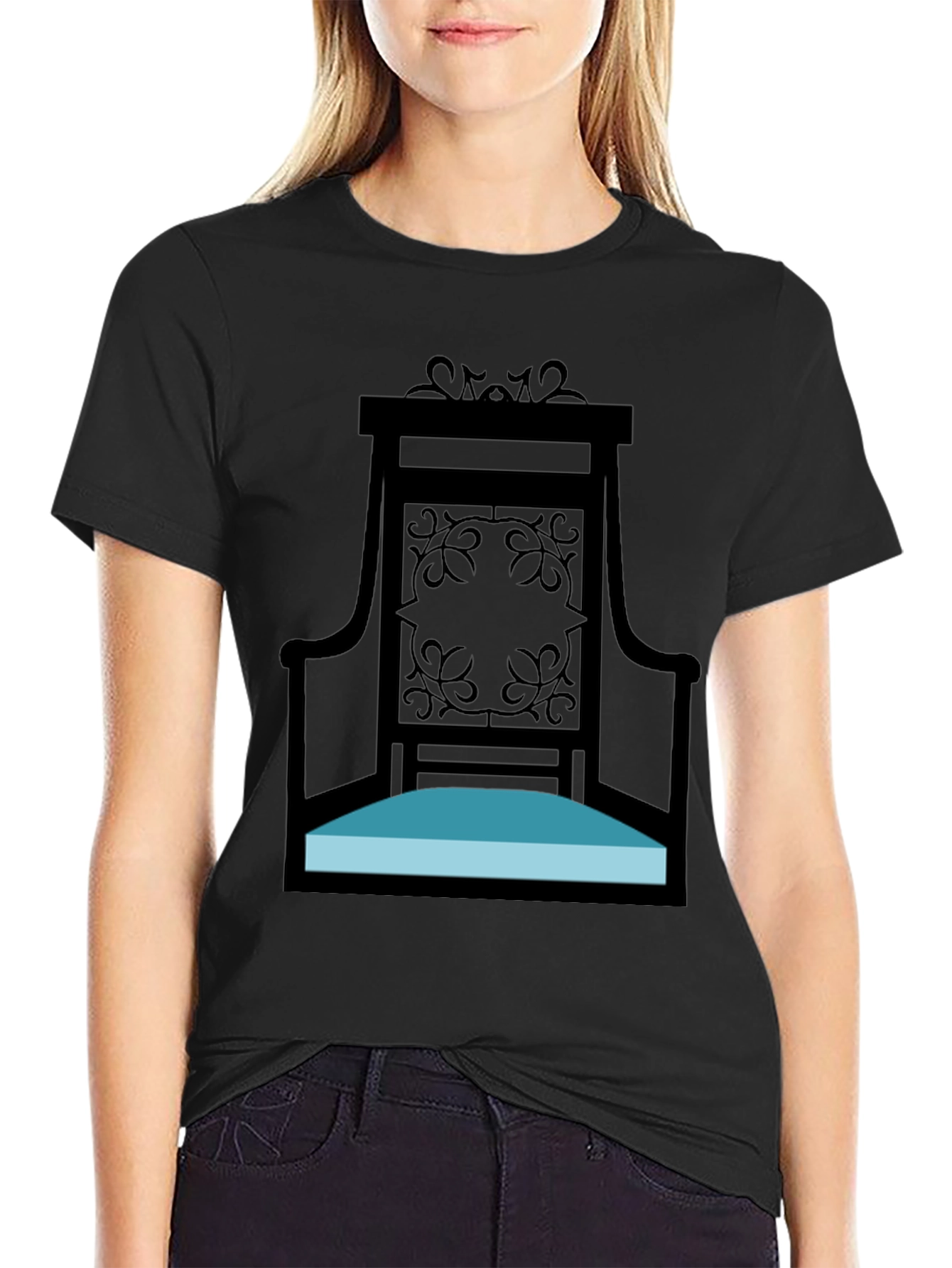 Elegant Throne Graphic Tee - Black Cotton Shirt