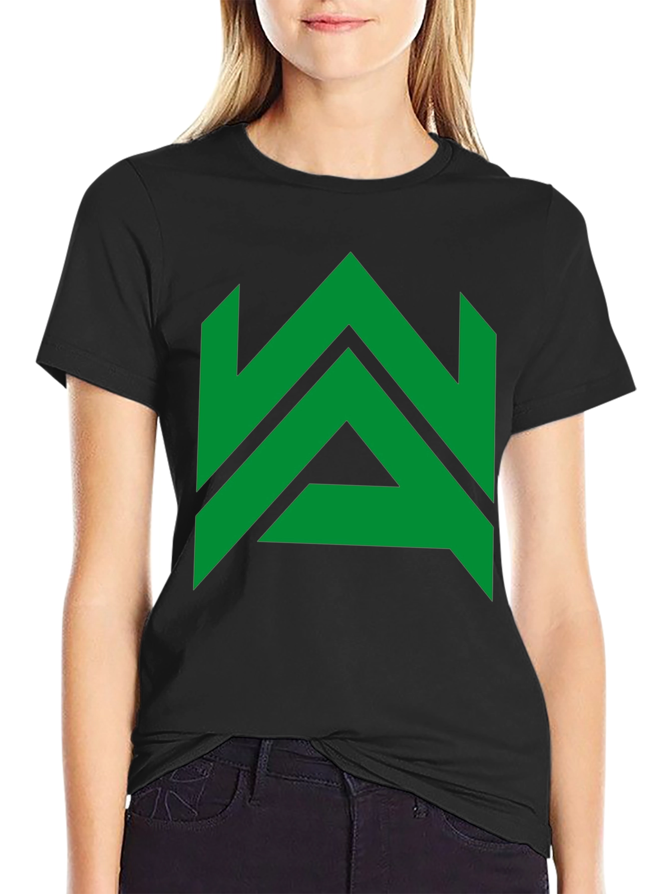 Modern Geometric Green Logo Black T-Shirt