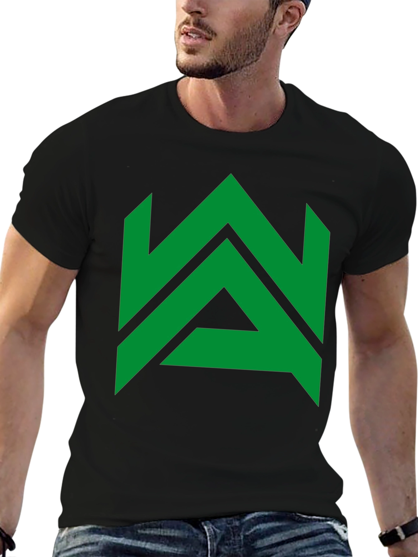 Modern Geometric Green Logo Black T-Shirt