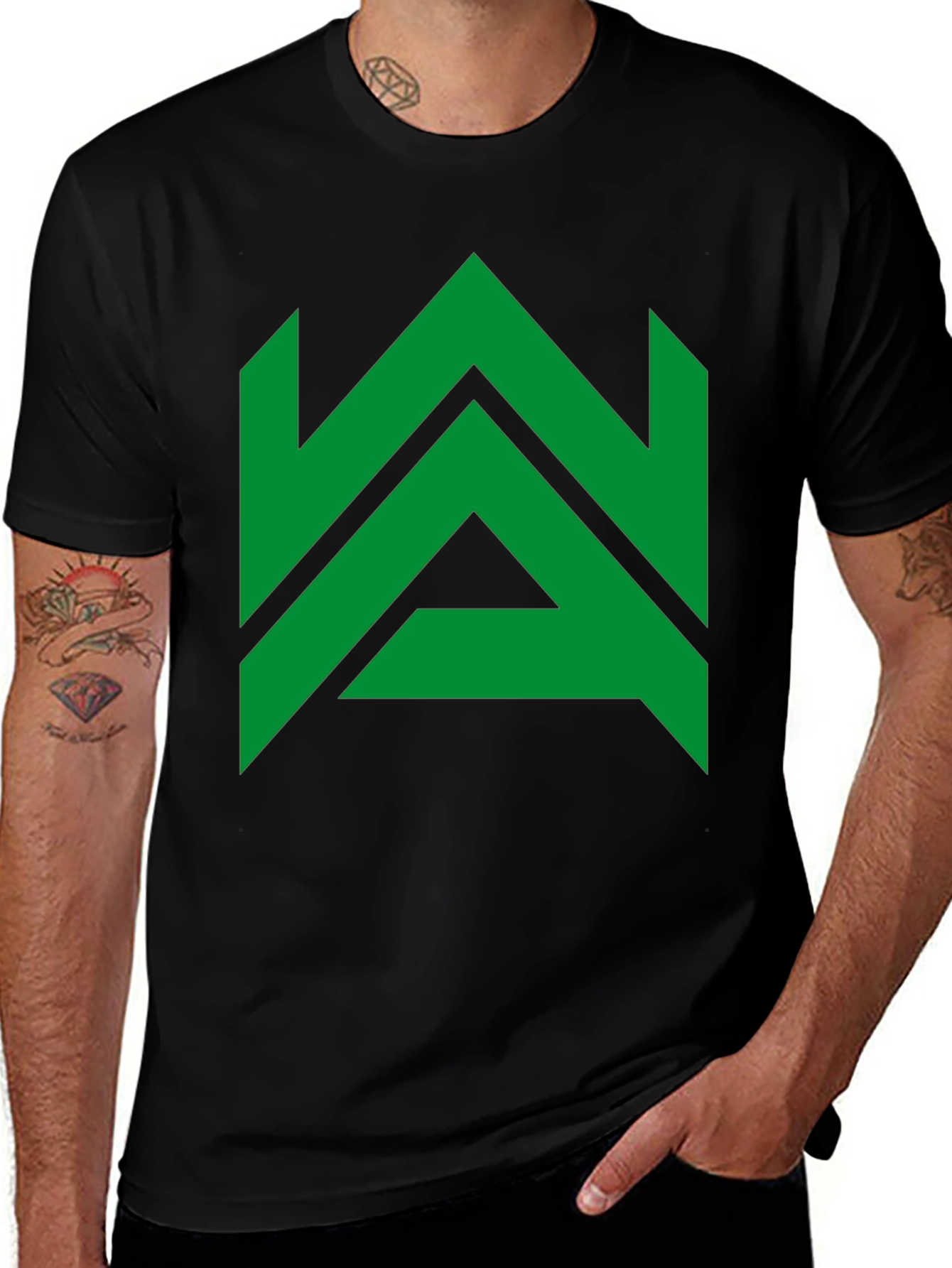 Modern Geometric Green Logo Black T-Shirt
